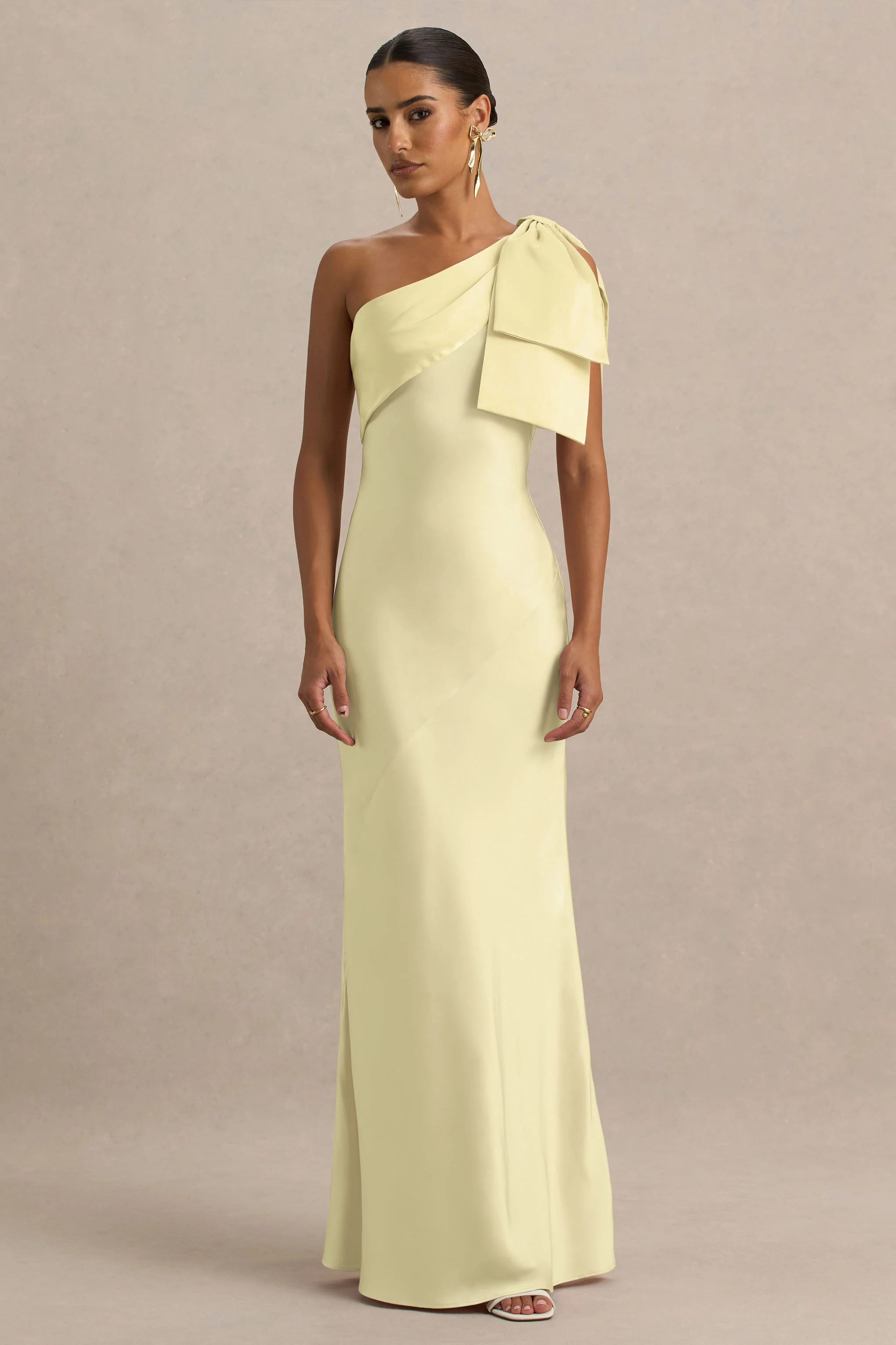 Valerie | Lemon Satin Asymmetric-Neck Maxi Dress With Bow Detail