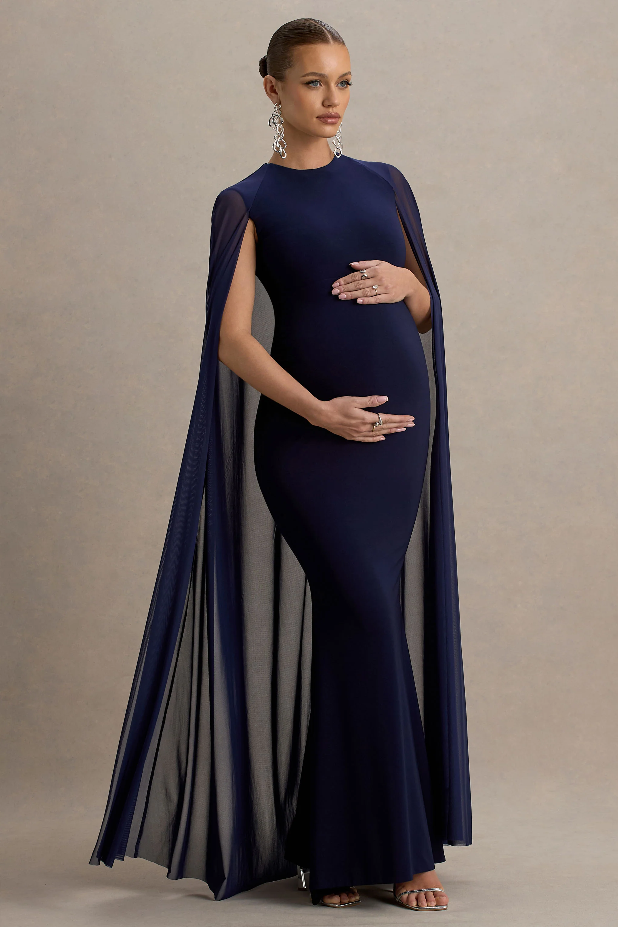 Currant | Navy High-Neck Maternity Maxi Dress With Cape