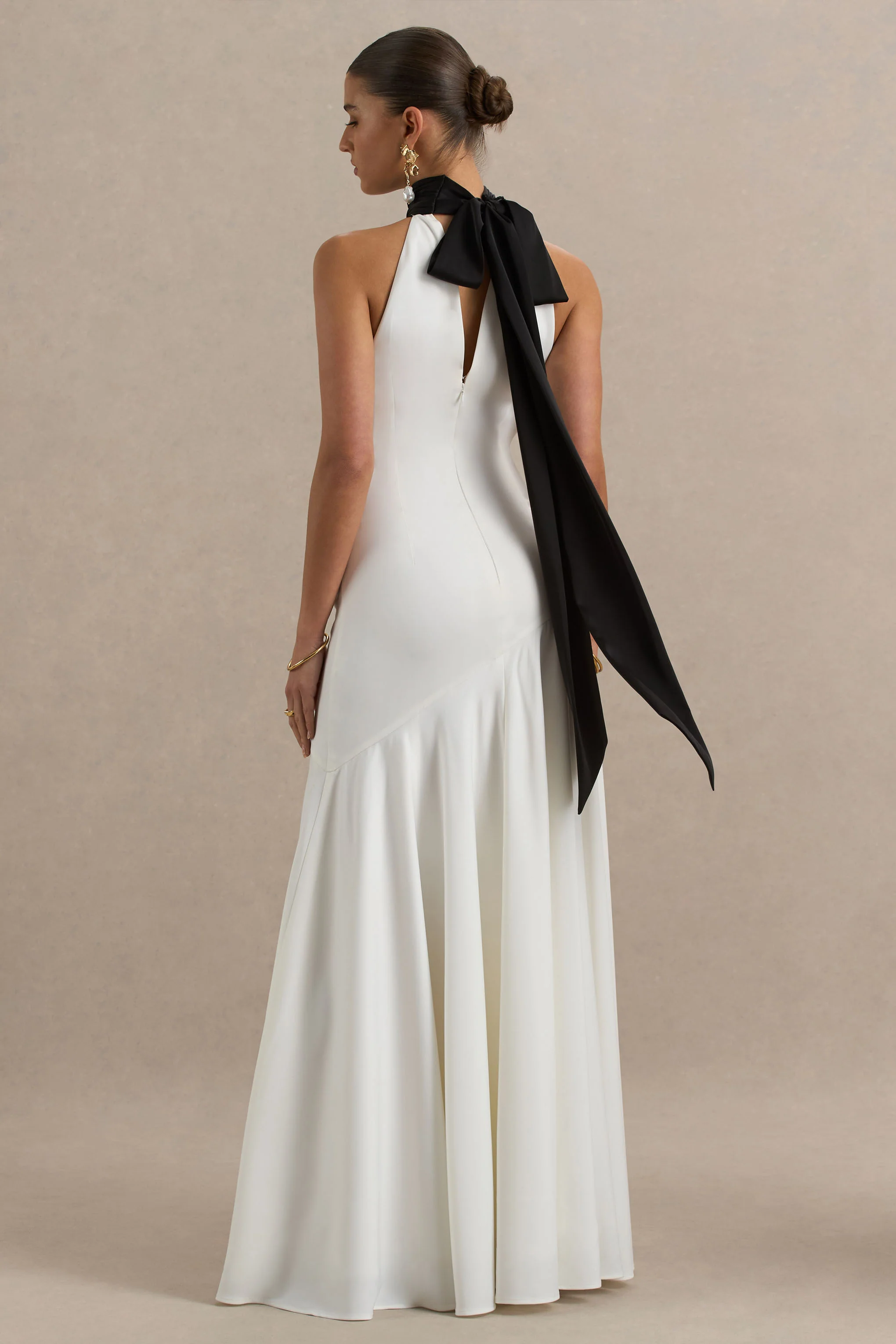 Luscious | White And Black High-Neck Maxi Dress With Drop-Waist And Bow Detail