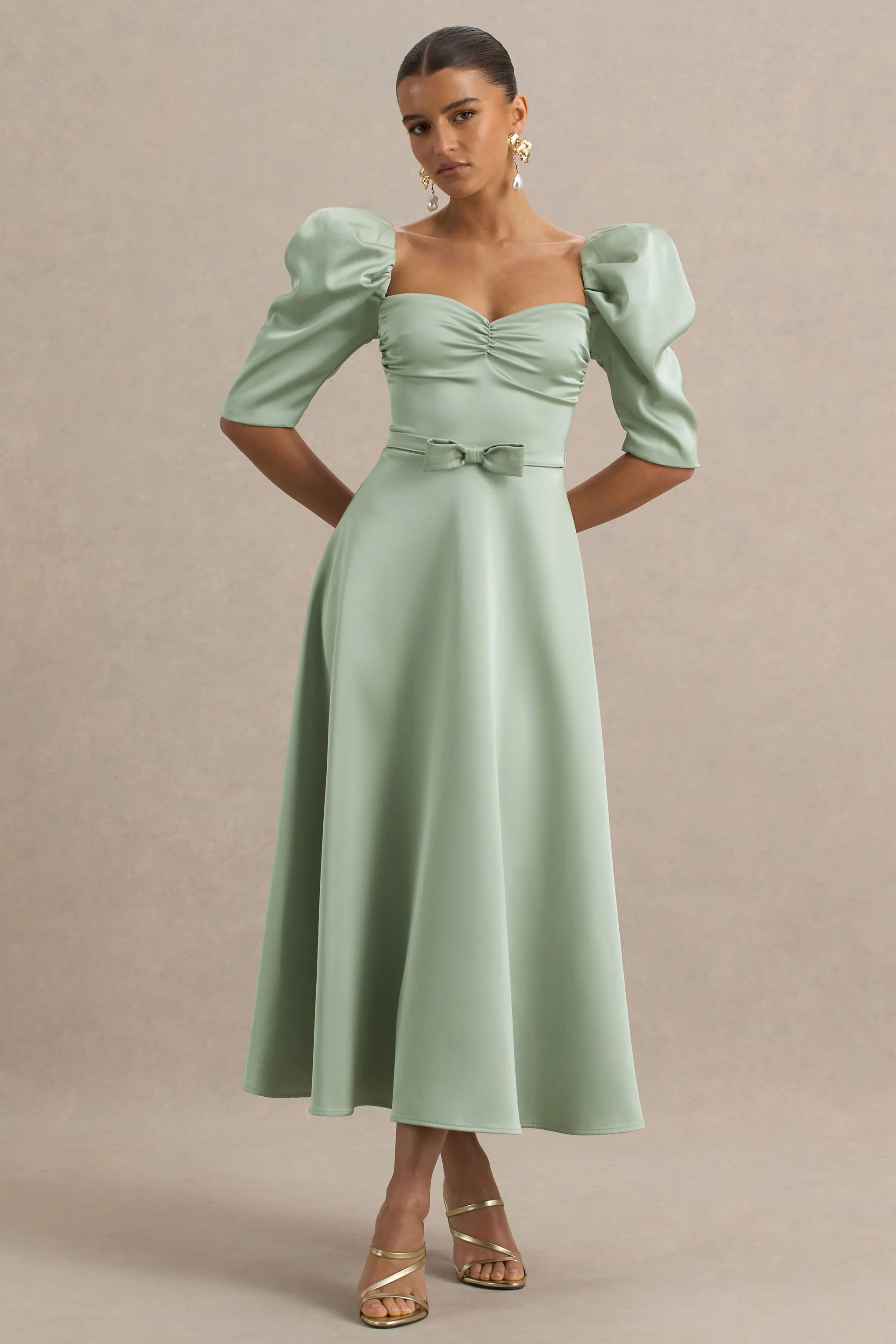 Rosey | Green Satin Sweetheart Midi Dress