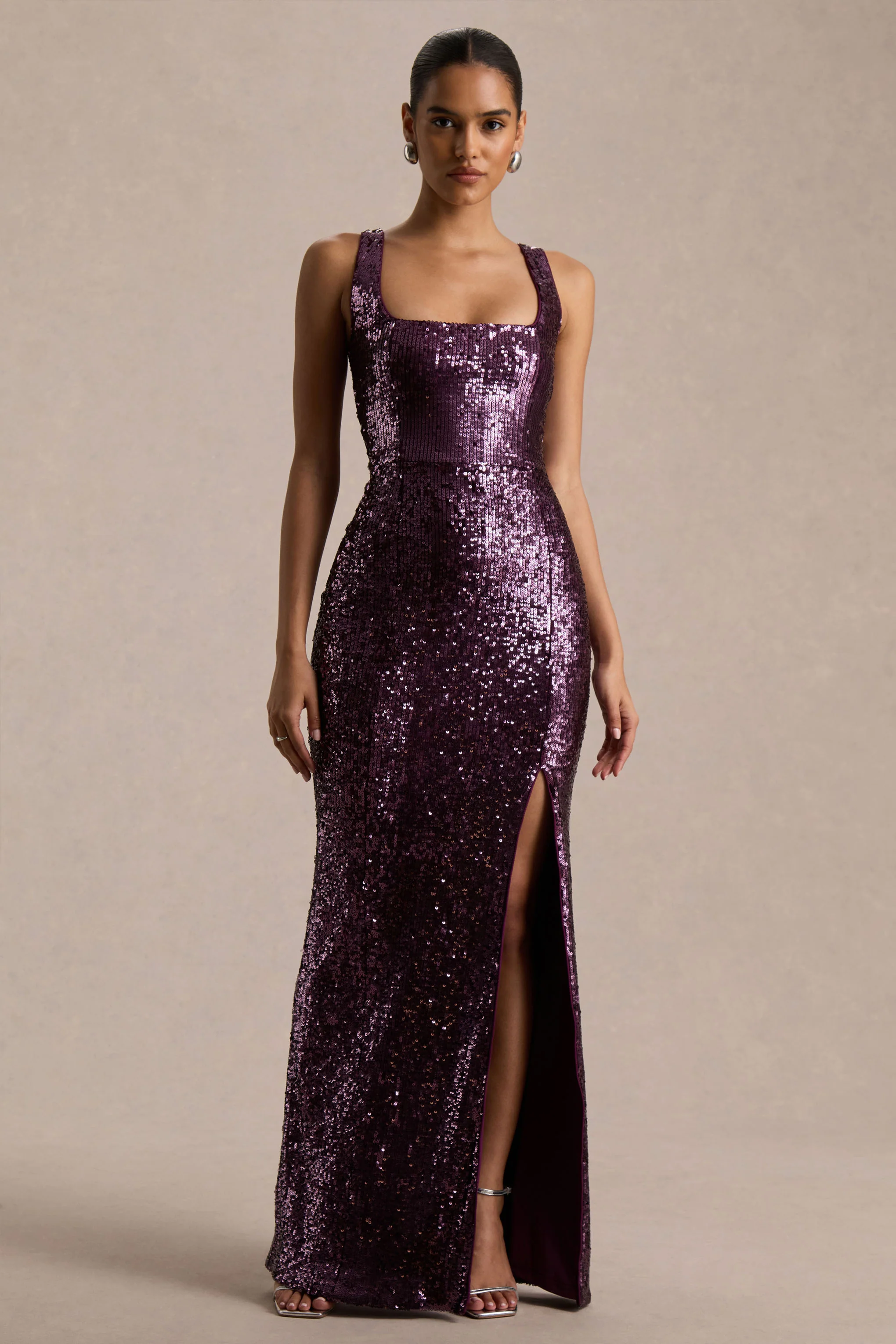 High Life | Plum Sequin Square-Neck Maxi Dress With Front-High Split