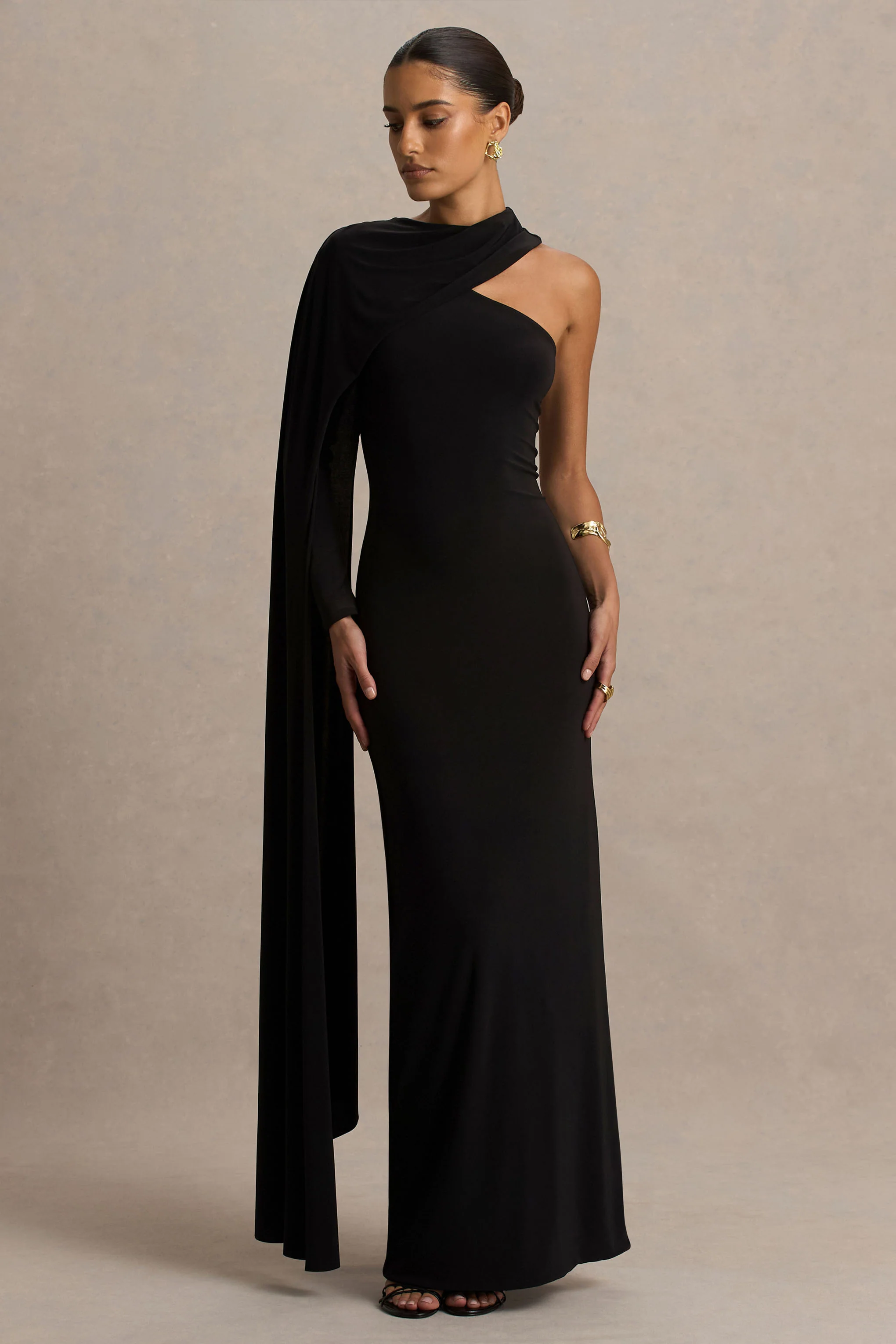 Dawn | Black High-Neck Maxi Dress With One Long-Sleeve And Cape