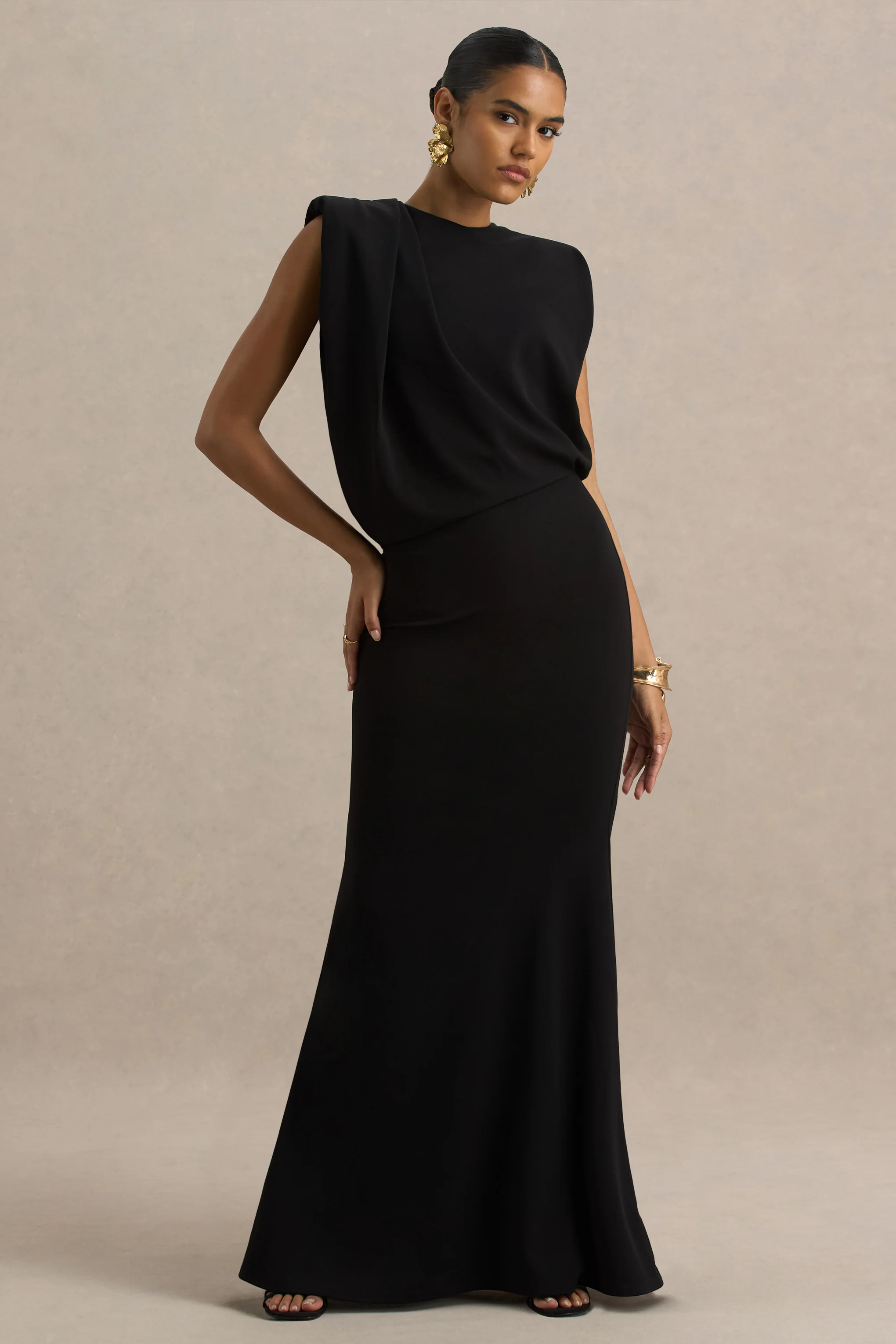 Meave | Black High Neck Maxi Dress With Draping Detail