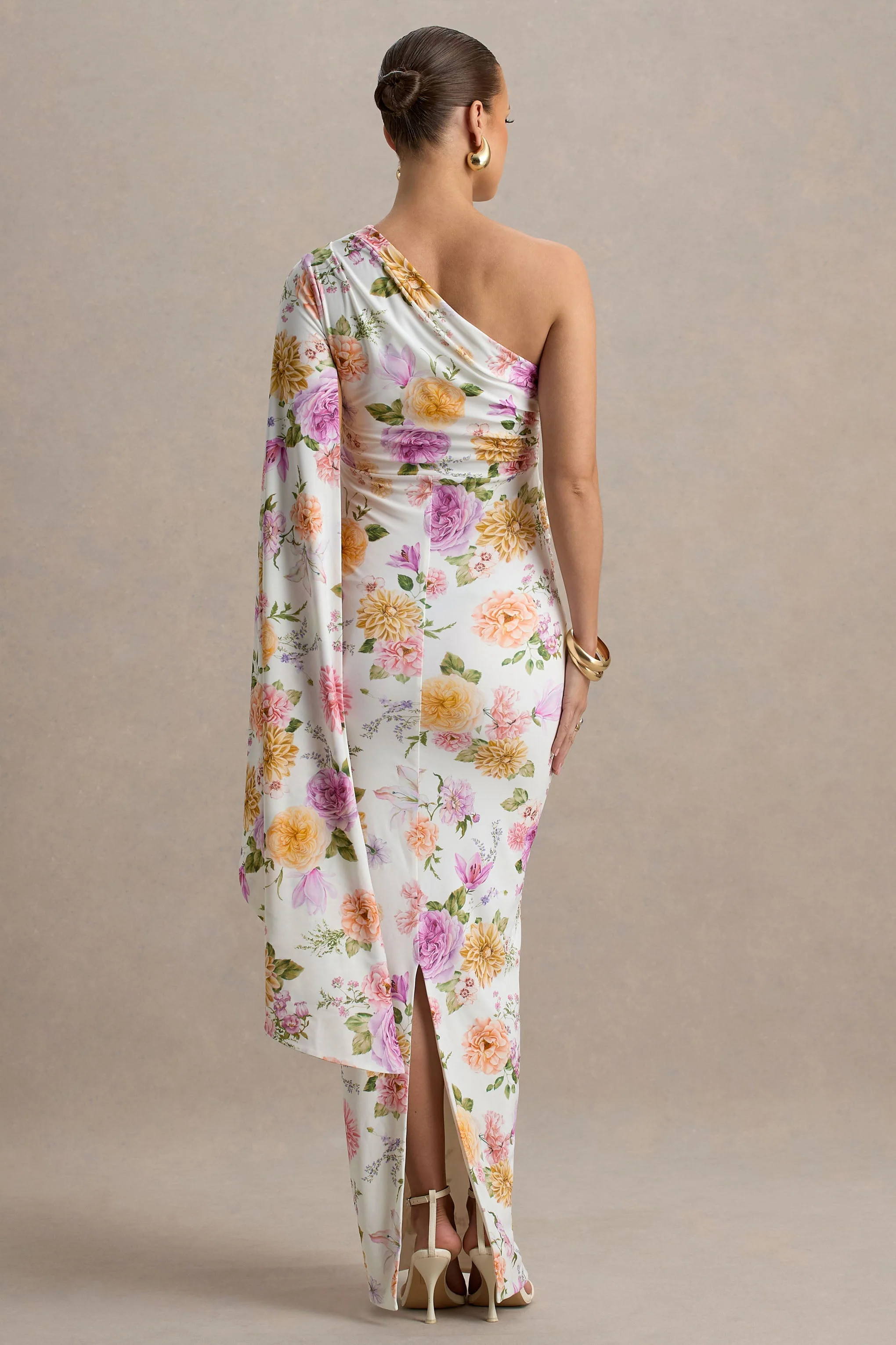 Aliana | Peach And Lilac Floral Print Asymmetric Maternity Maxi Dress With Ruched Detailing