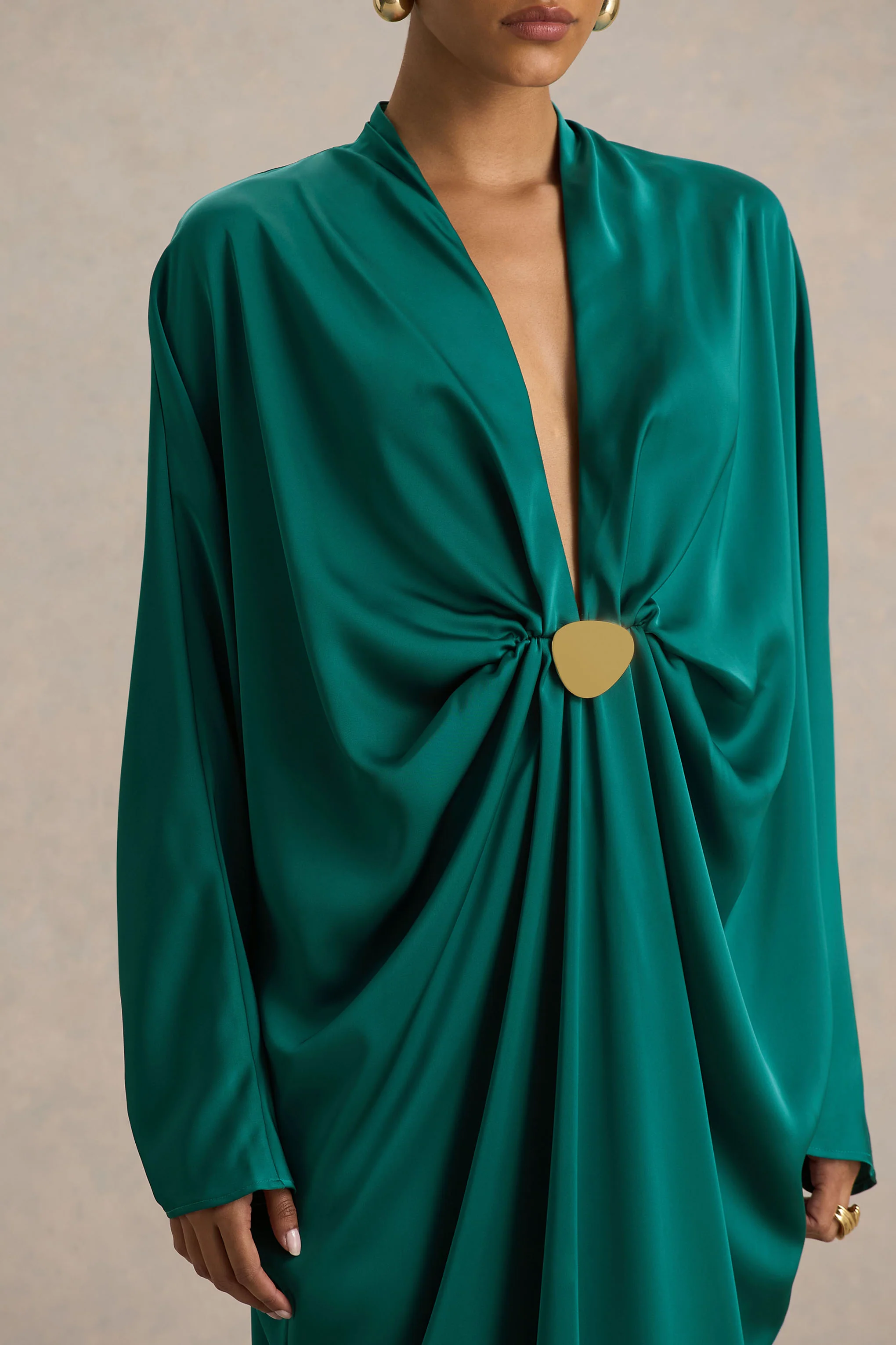 Tina | Dark Green Satin Plunge-Neck Embellished Maxi Dress