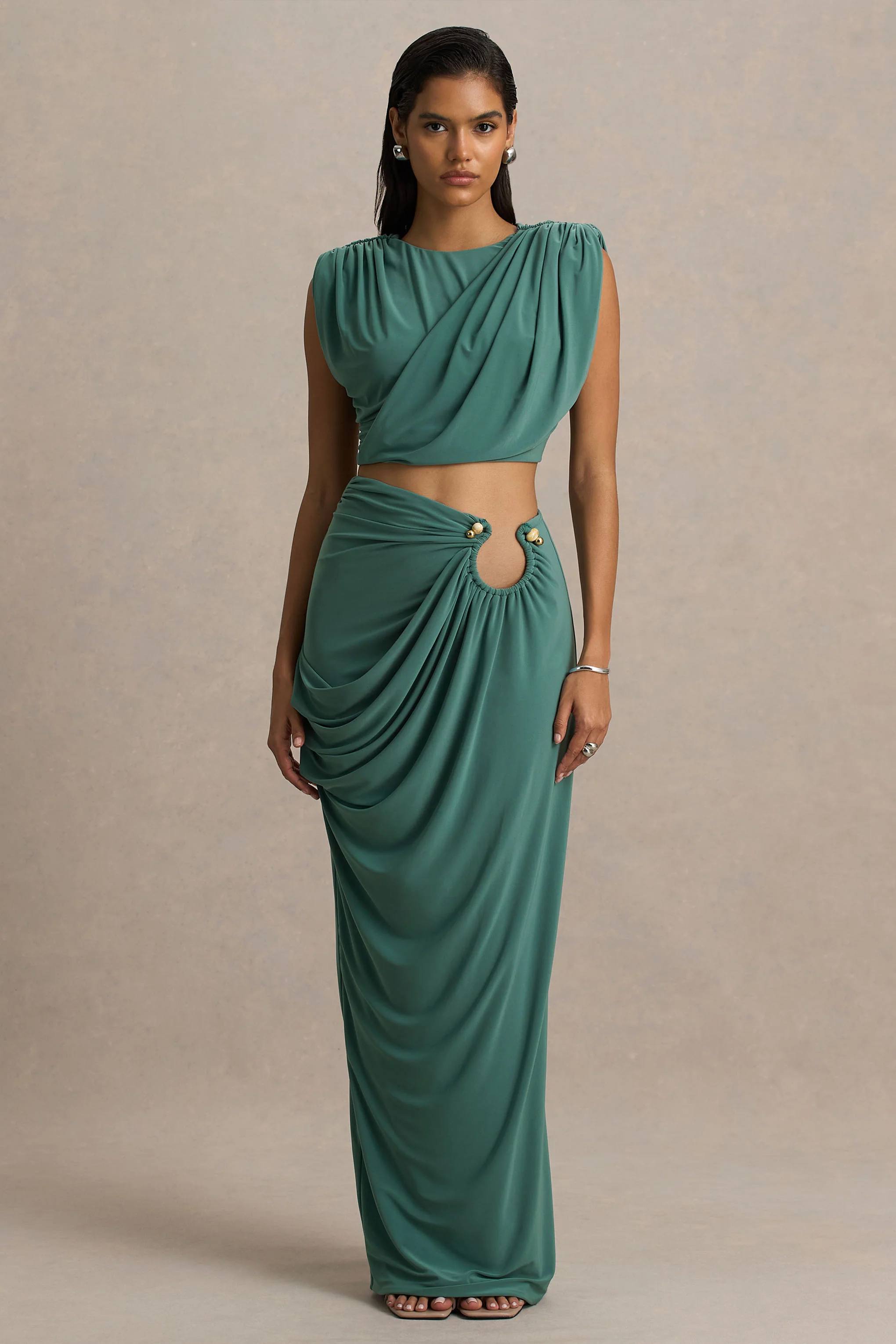 Avaline | Green Wrap Maxi Skirt With Ruched Detailing