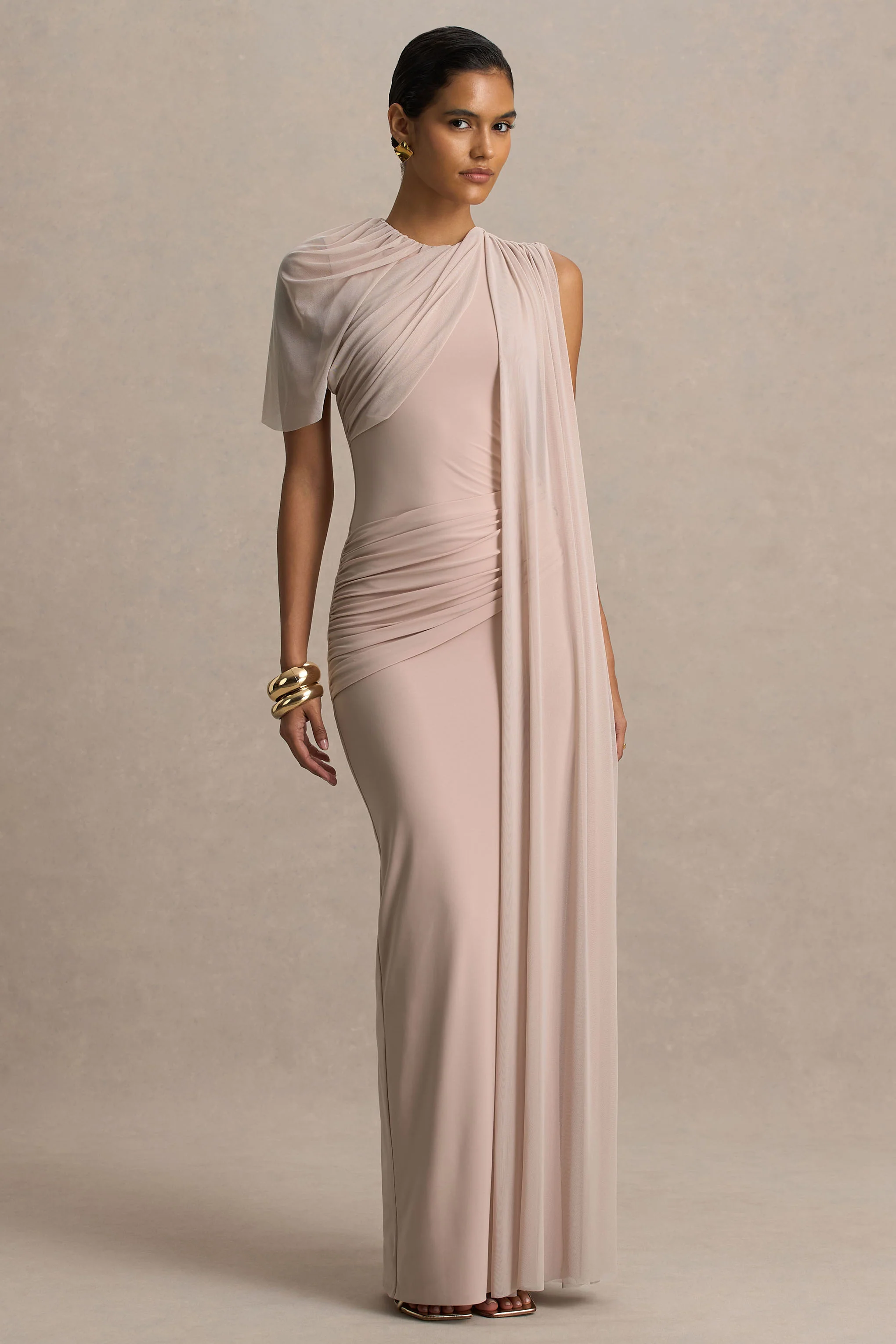 Brenda | Champagne Maxi Dress With Mesh Cape And Sash