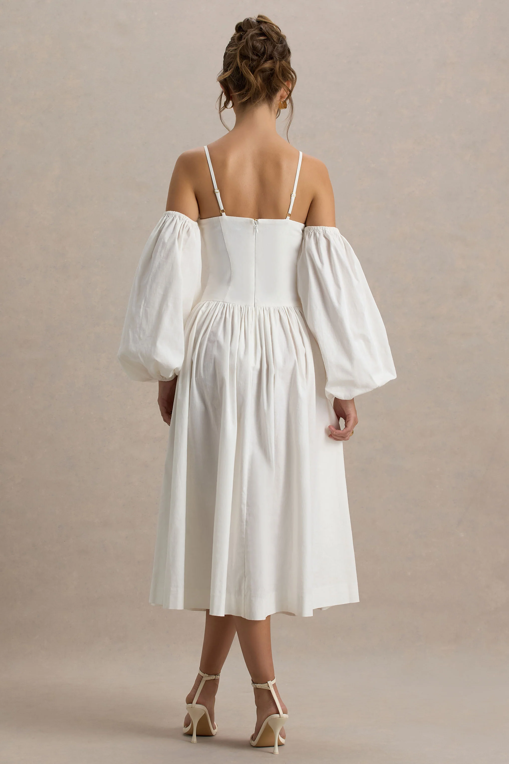 Macie | Cream Sweetheart Midi Dress With Balloon Sleeves