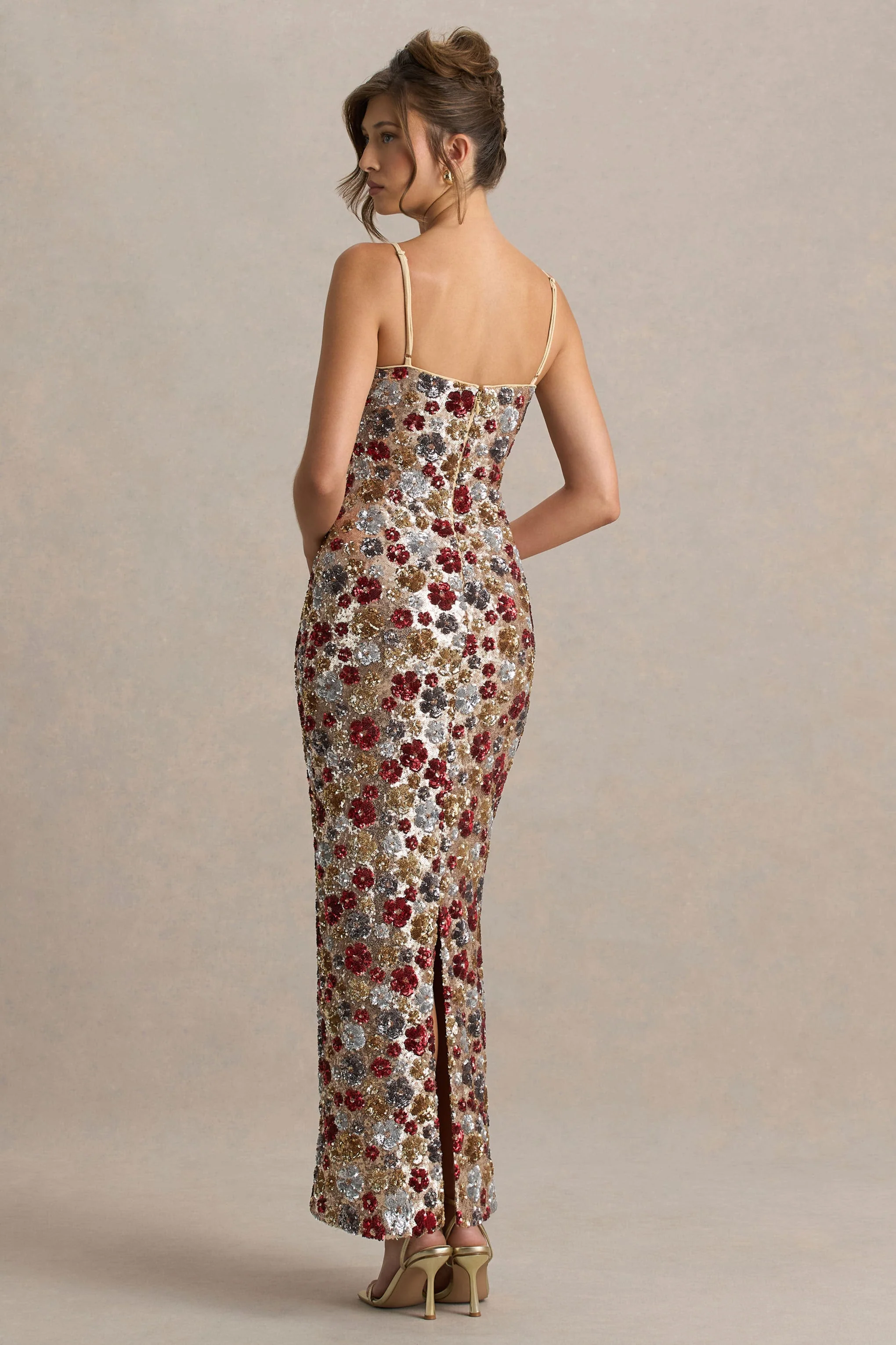 Vitora | Red Floral Sequin Square-Neck Maxi Dress