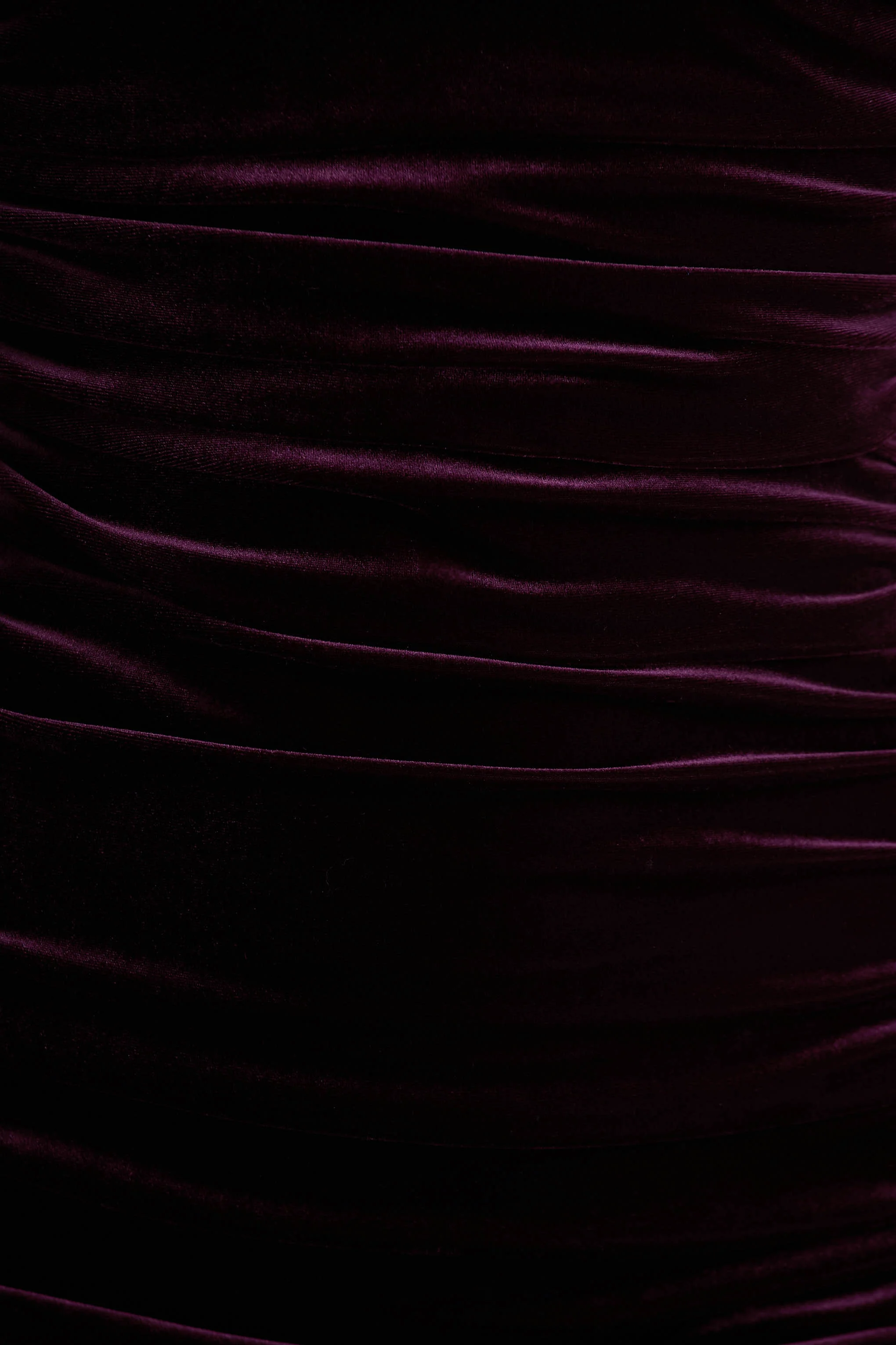 Treat | Burgundy Velvet Asymmetric-Neck Maxi Dress With Ruched Detailing.