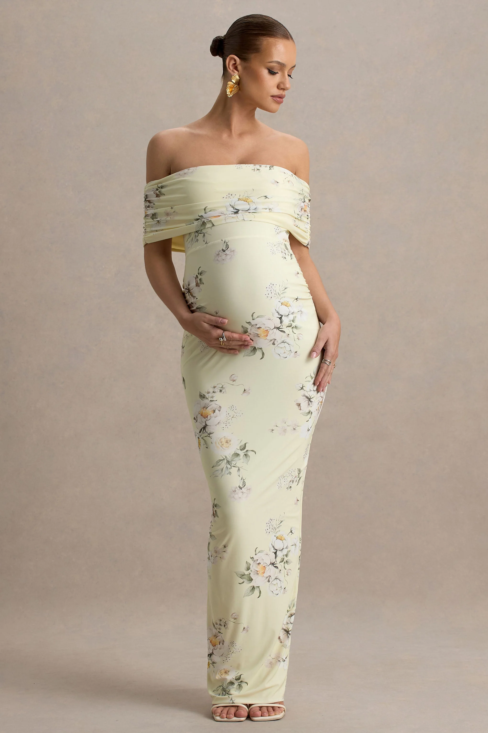 Cindy | Lemon Floral Bouquet Print Bardot-Neck Maternity Maxi Dress With Ruched Detail