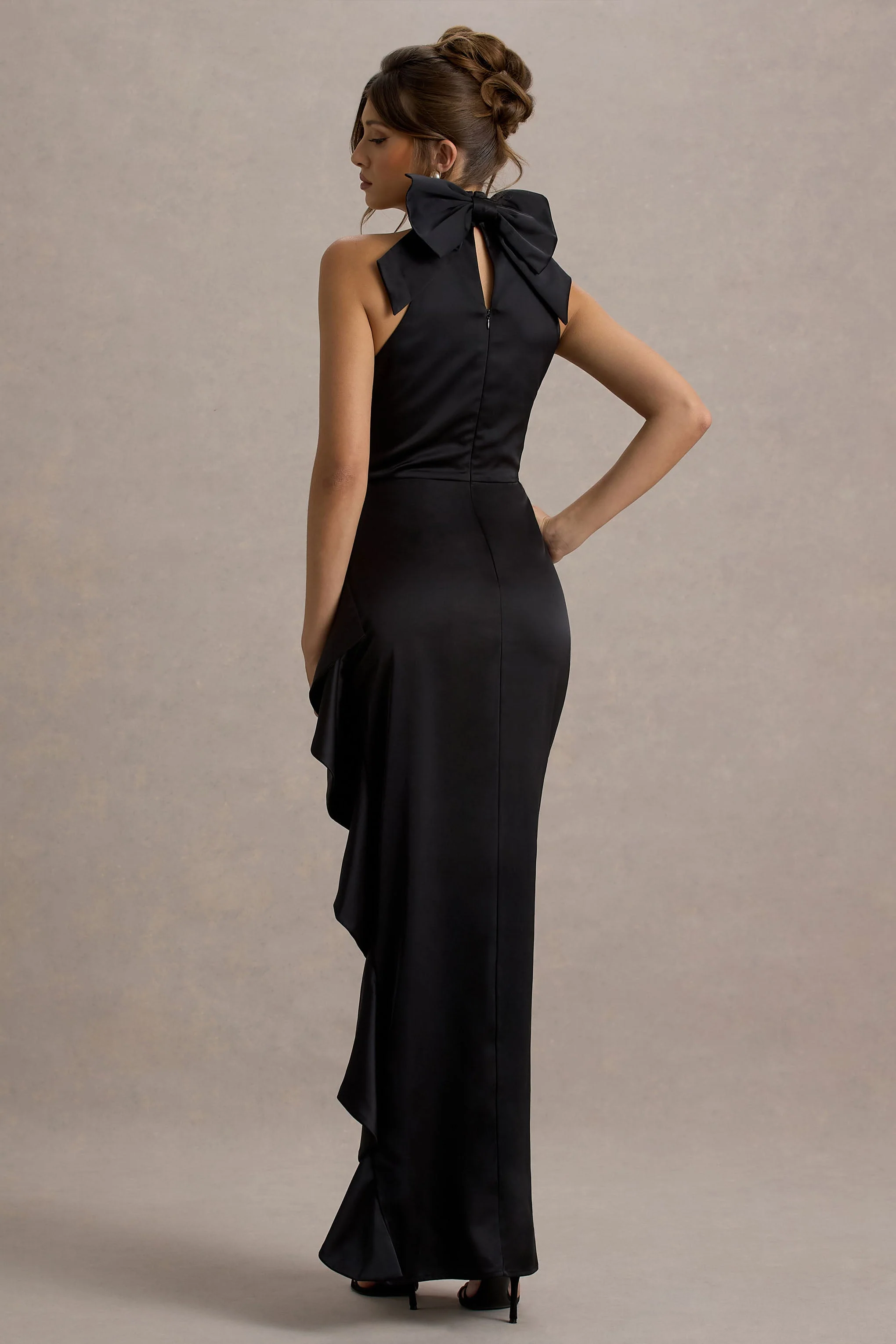Maureen | Black Satin High-Neck Draped Maxi Dress