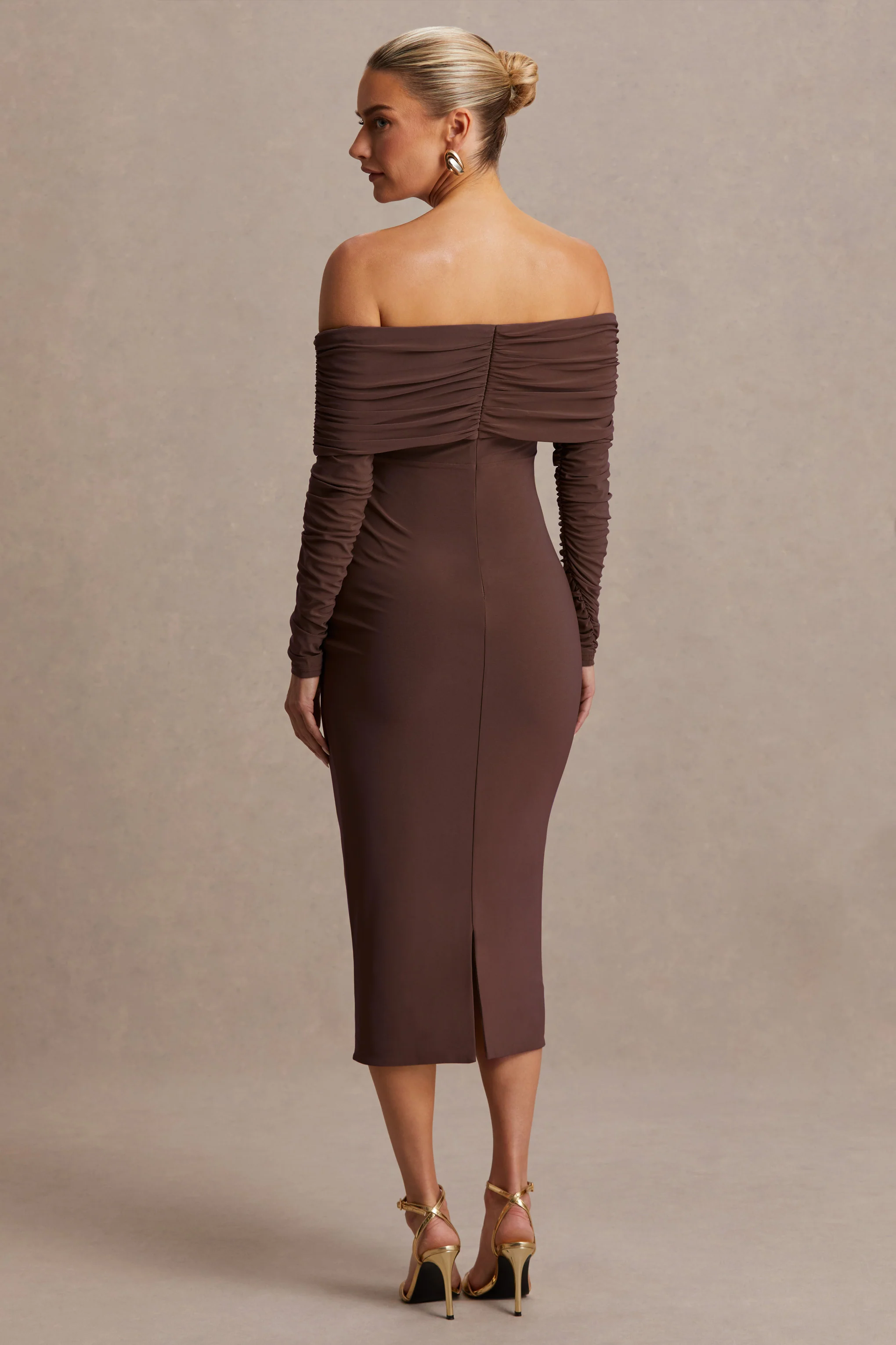 Elspeth | Brown Bardot-Neck Maternity Midi Dress