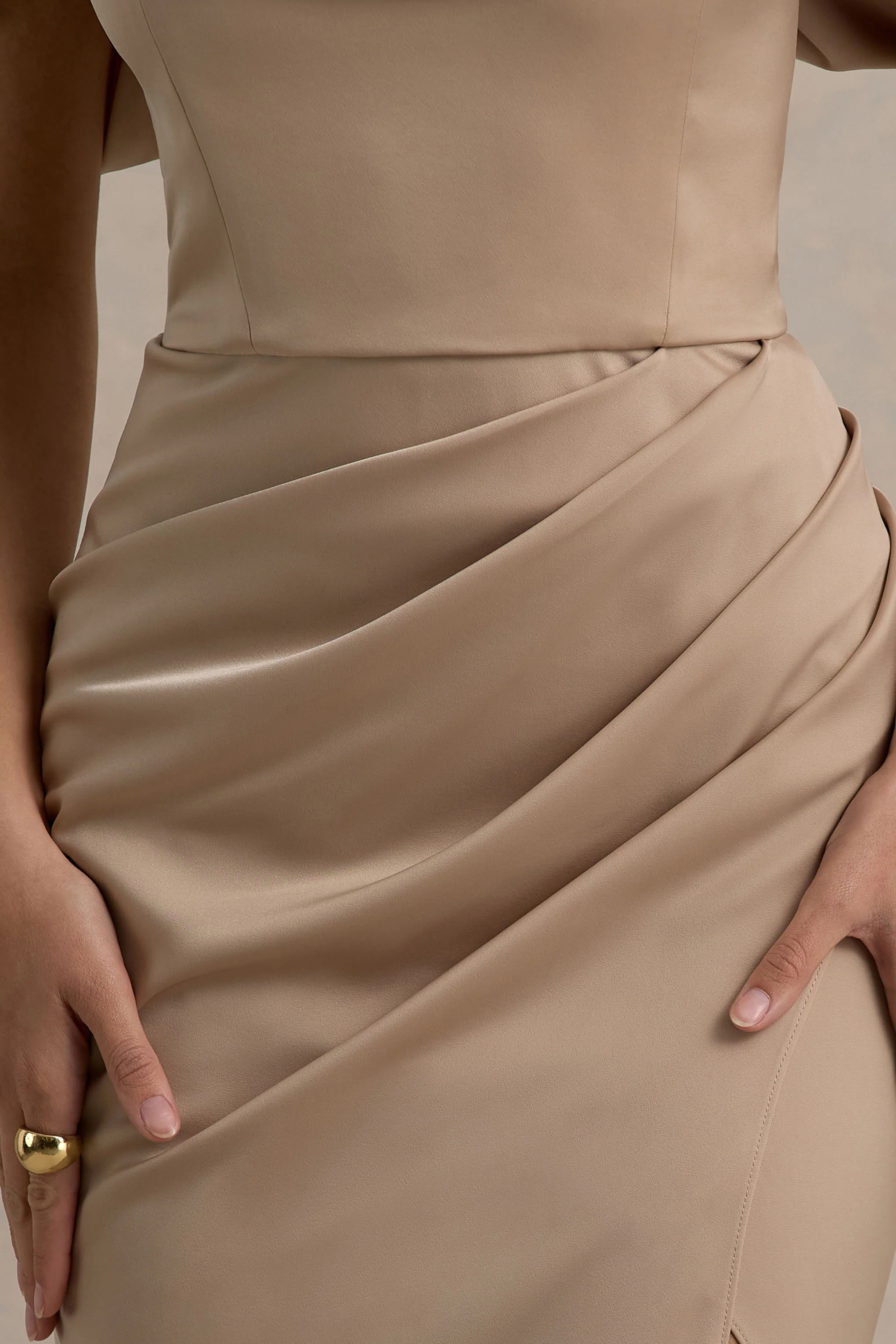 Annie | Champagne Satin Bardot Maxi Dress With Split Wrap Skirt