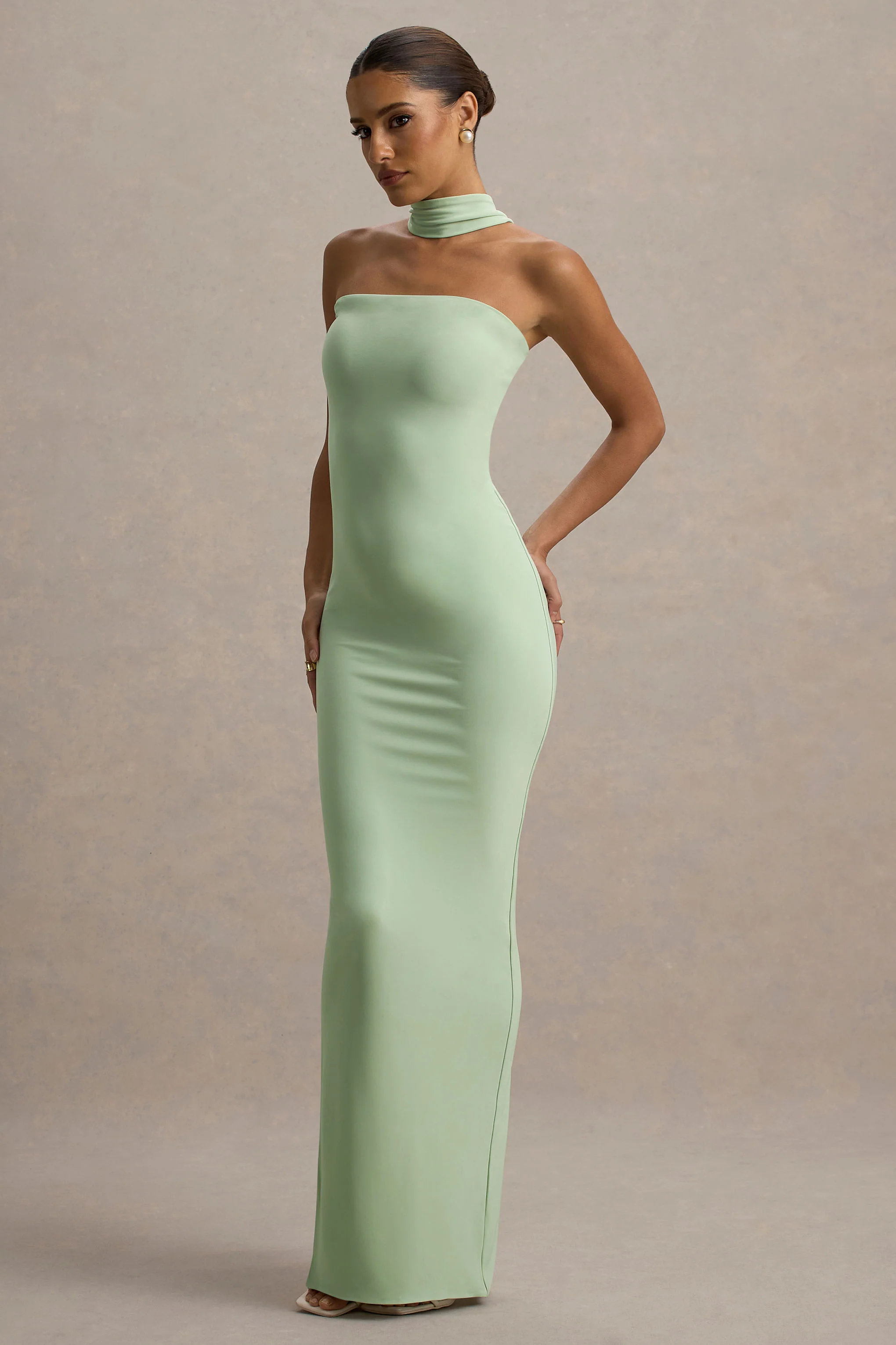 Nobu | Light Green Bandeau Maxi Dress With Halter-Collar