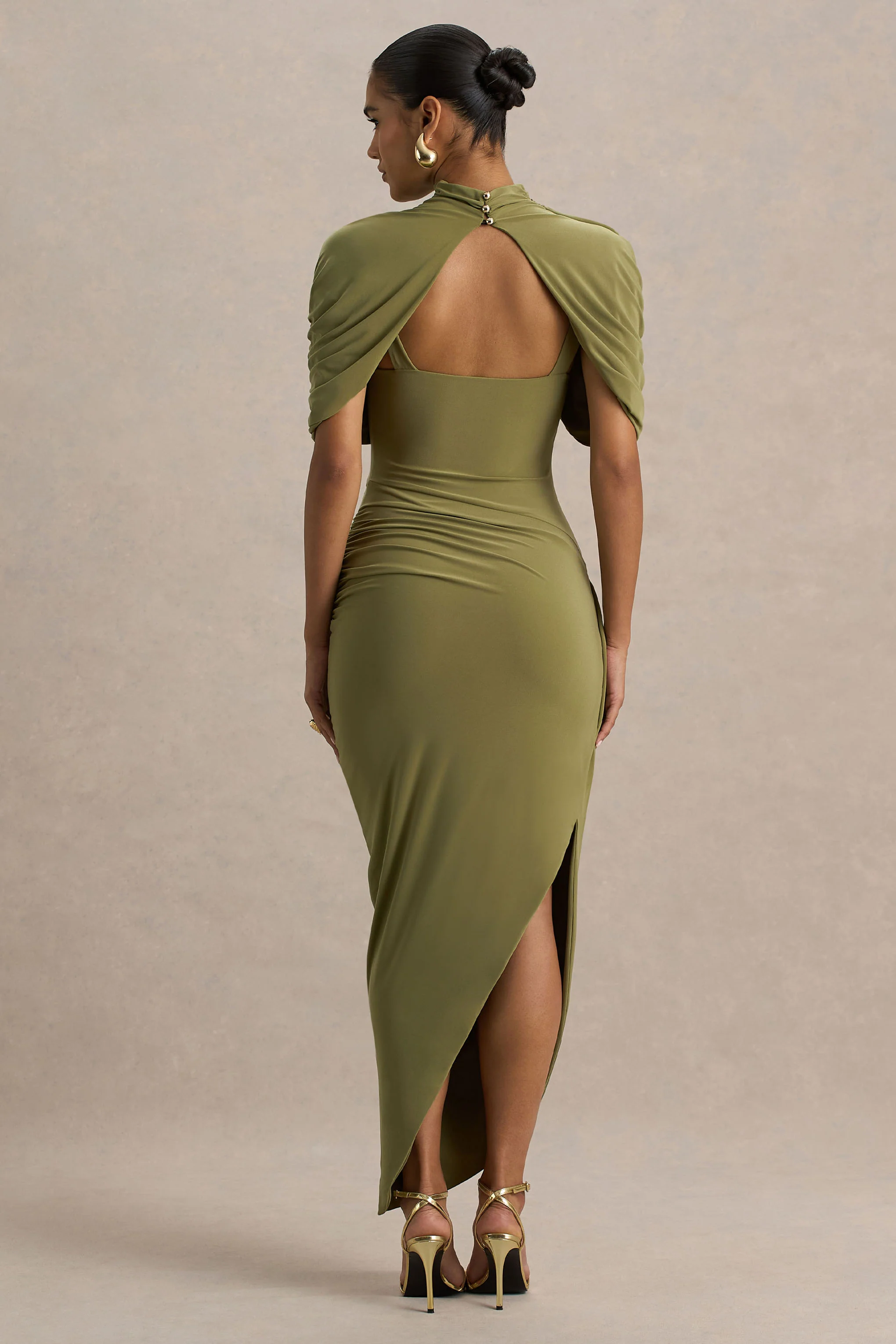 Enchant | Olive Asymmetric Twisted Cape Midi Dress