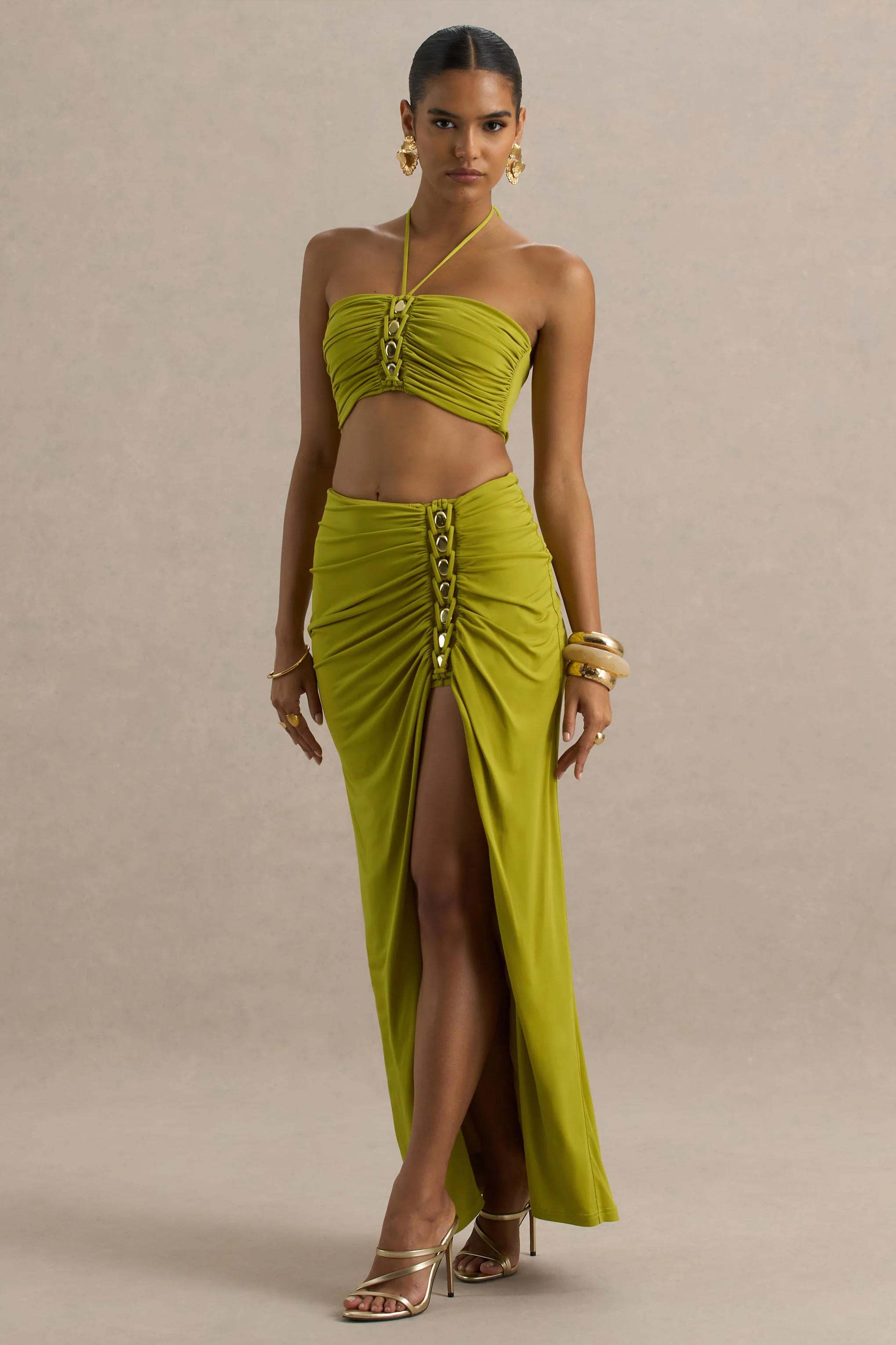 Coastline | Green Ruched Maxi Skirt With Split