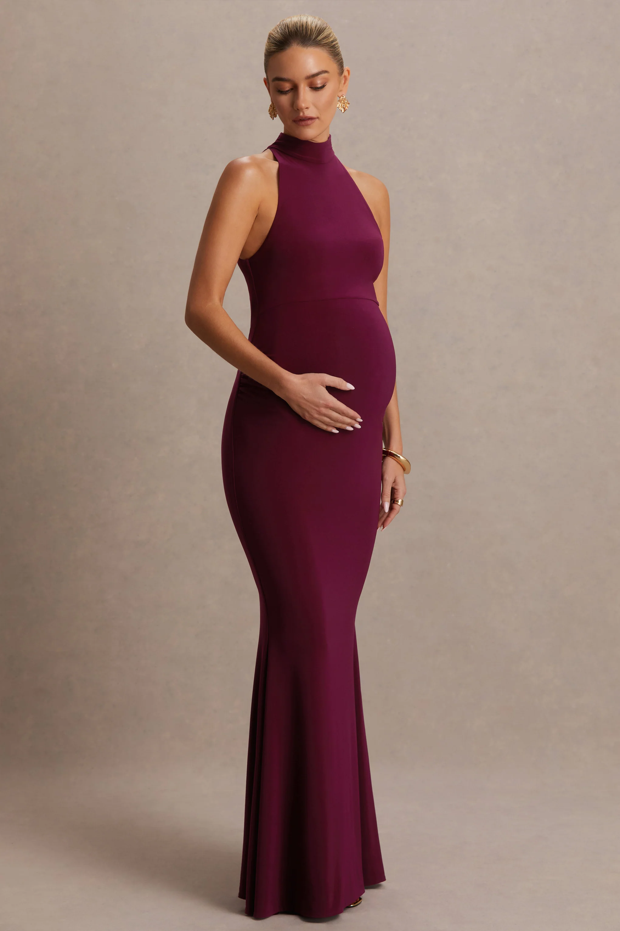 Kaia | Burgundy Halter-Neck Maternity Dress