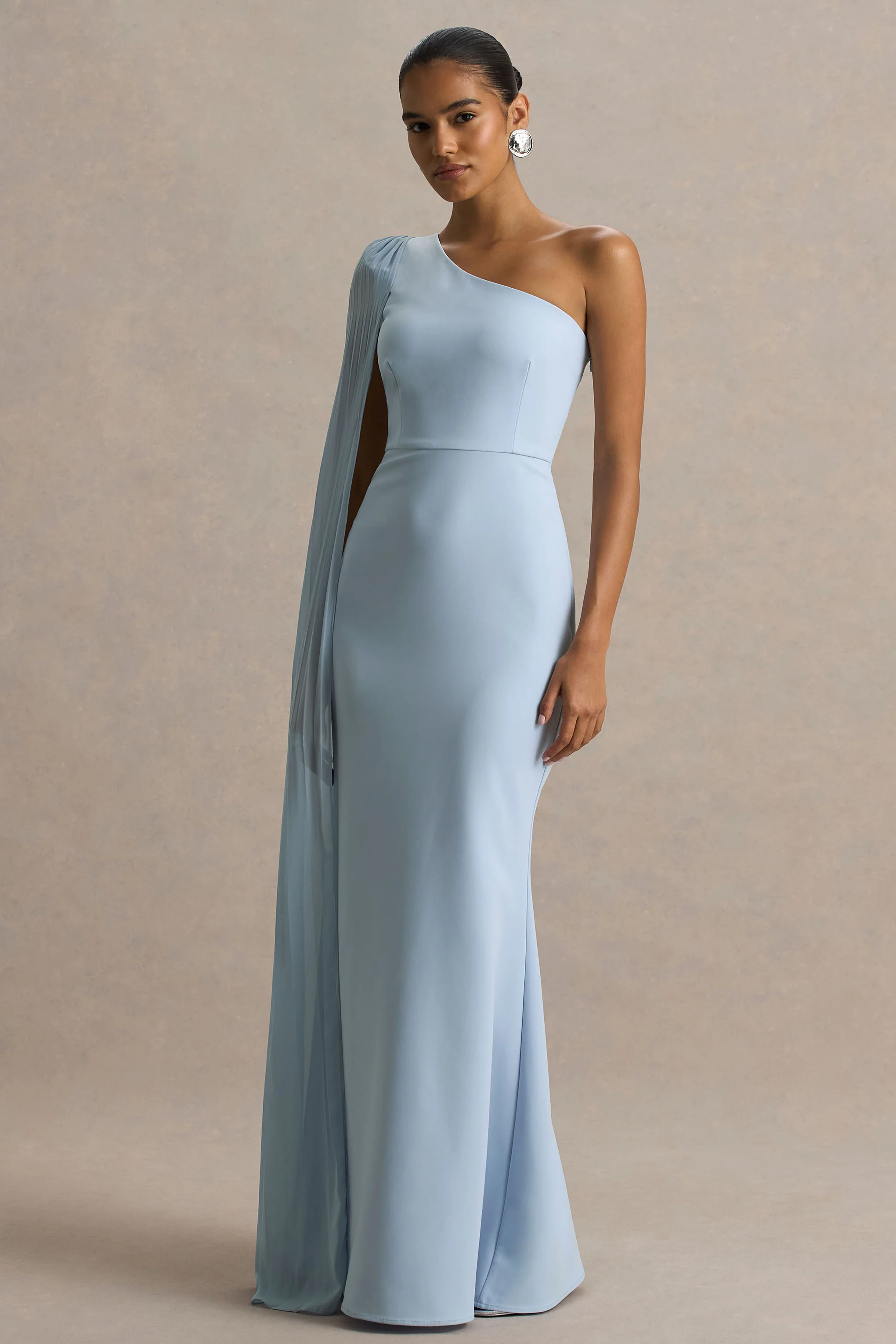 Athens | Powder Blue Asymmetric-Neck Maxi Dress With Cape Sleeve Detail