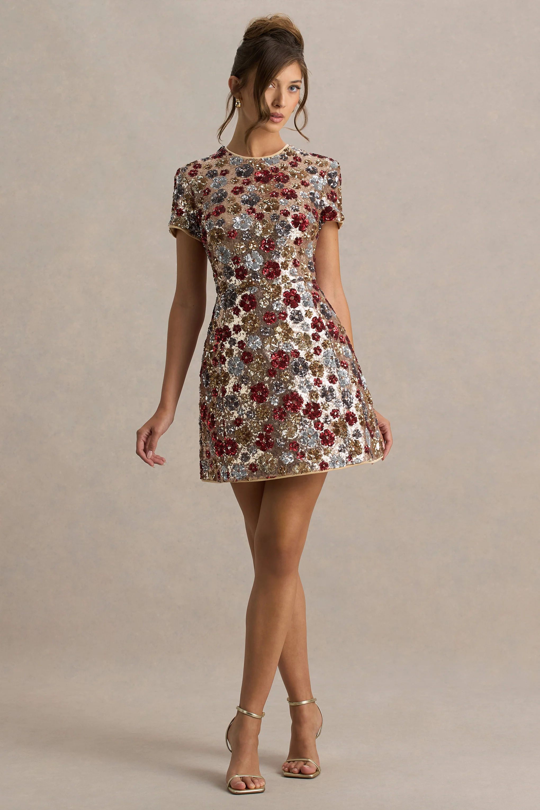 Eira | Red Floral Sequin Crew-Neck Mini Dress