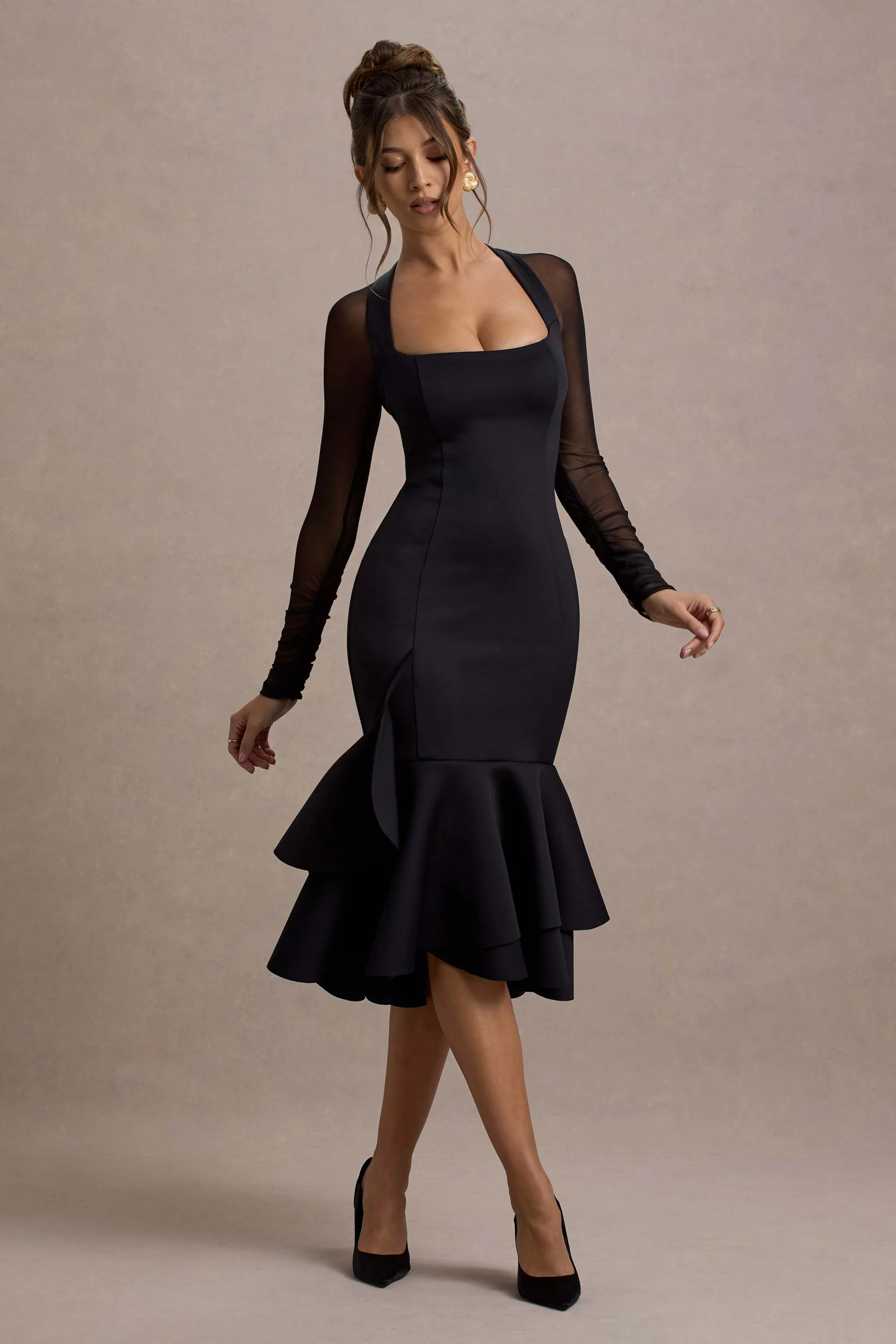 Sander | Black Mesh Long-Sleeve Ruffle-Hem Midi Dress