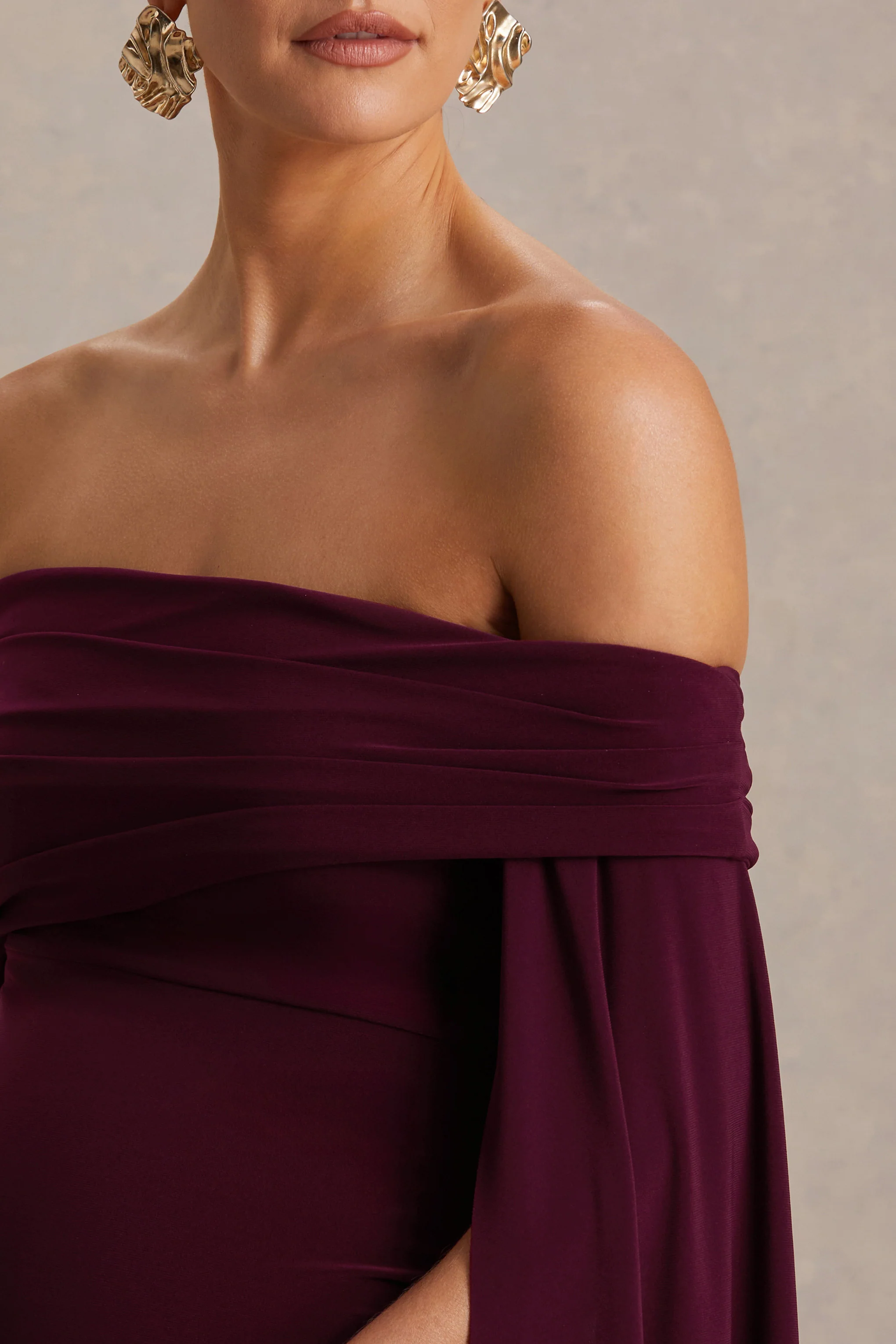 Aquila |  Burgundy Bardot Maternity Maxi Dress With Drape Sleeve