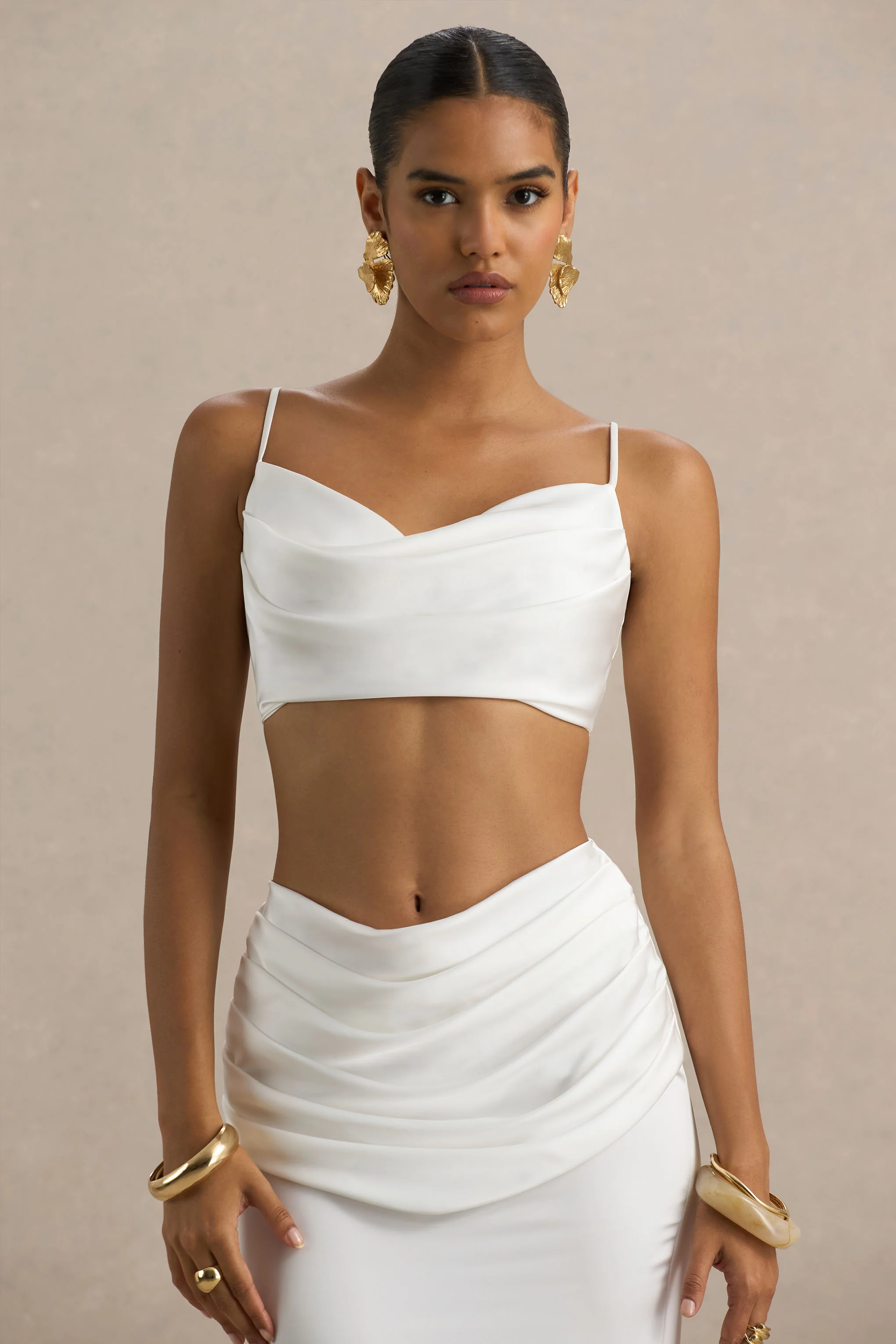 Una | White Ruched Cowl-Neck Crop Top