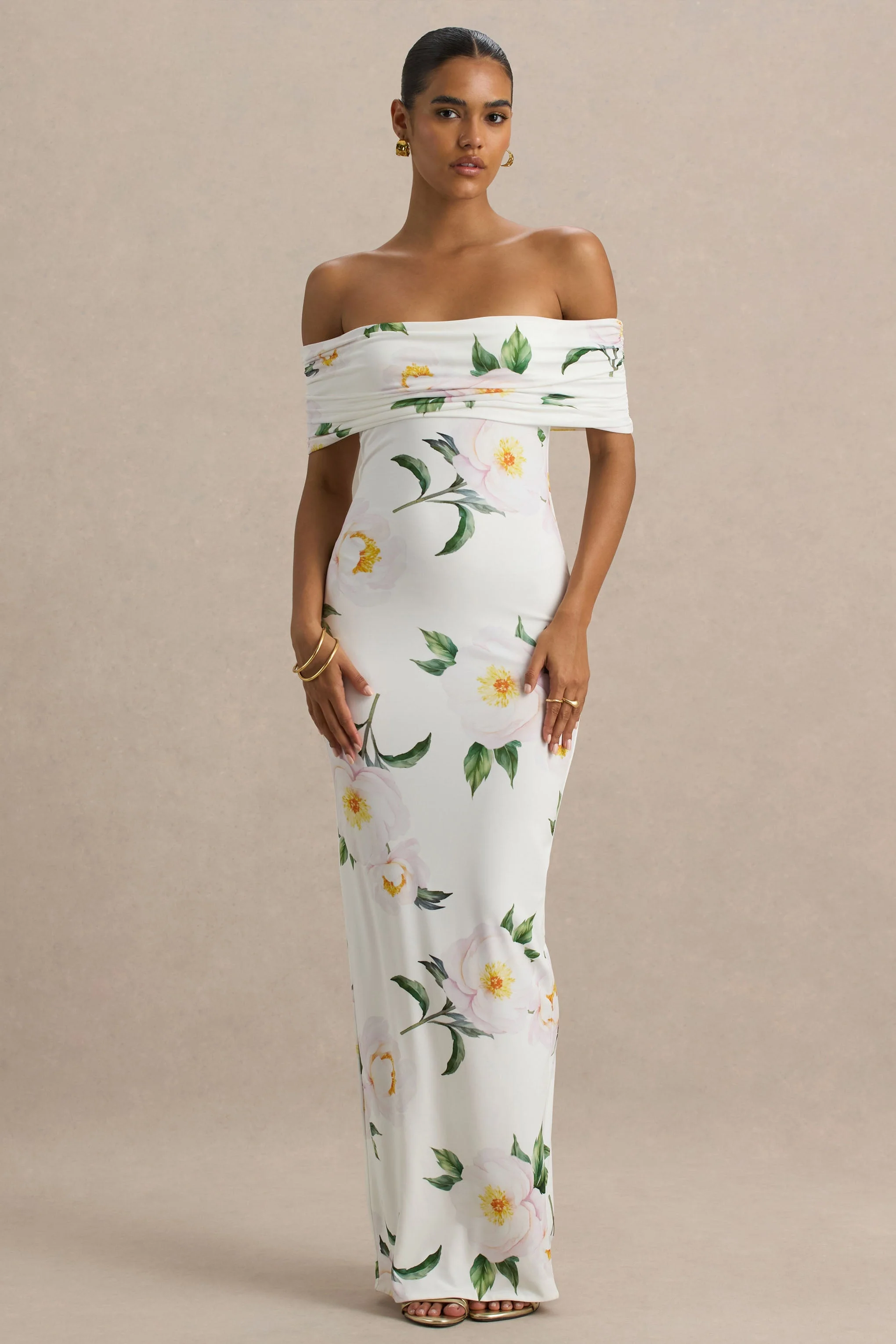 Capri | White Rose Print Bardot-Neck Maxi Dress With Ruched Detailing
