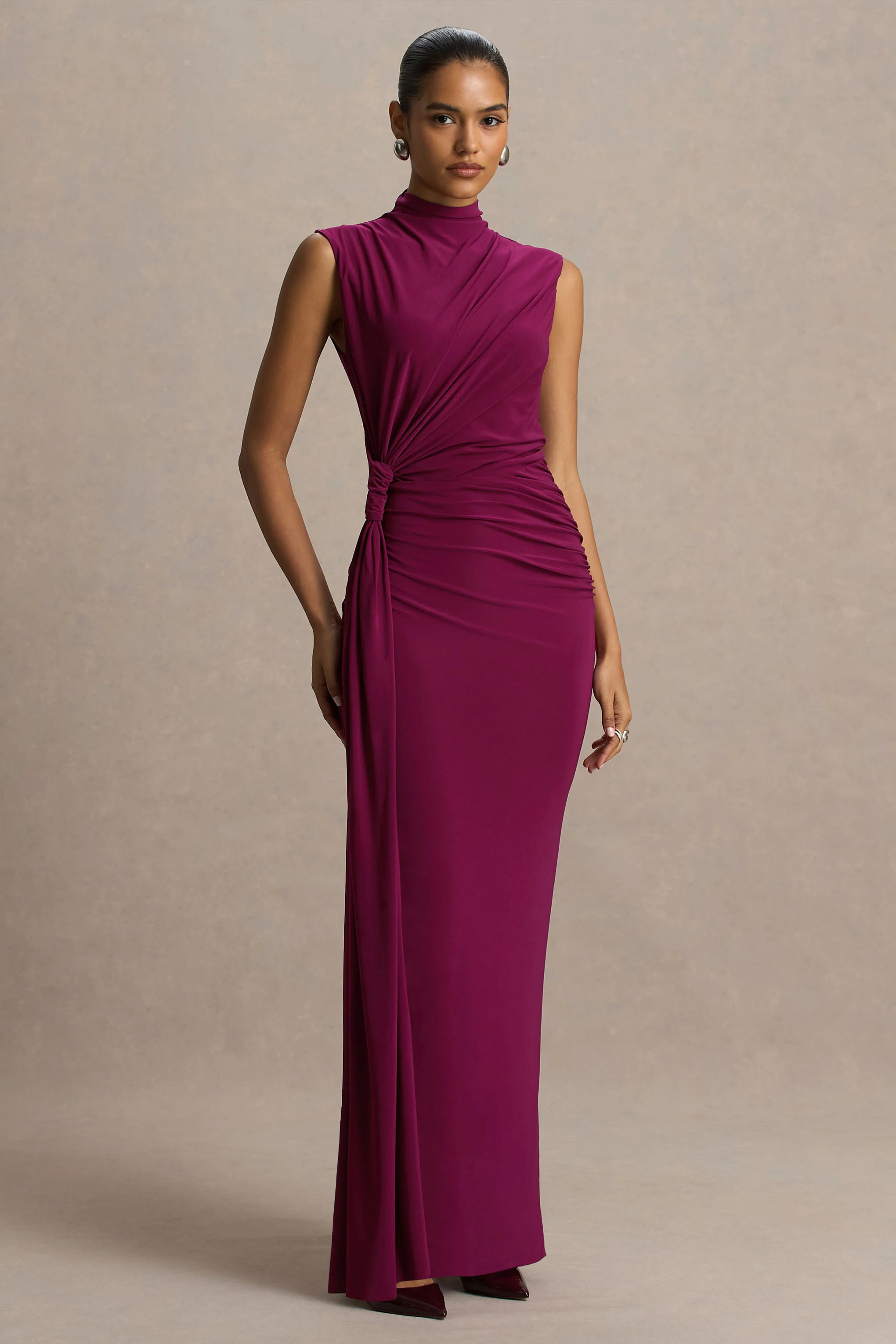 Solene | Burgundy High-Neck Maxi Dress With Wrap And Drape Detail