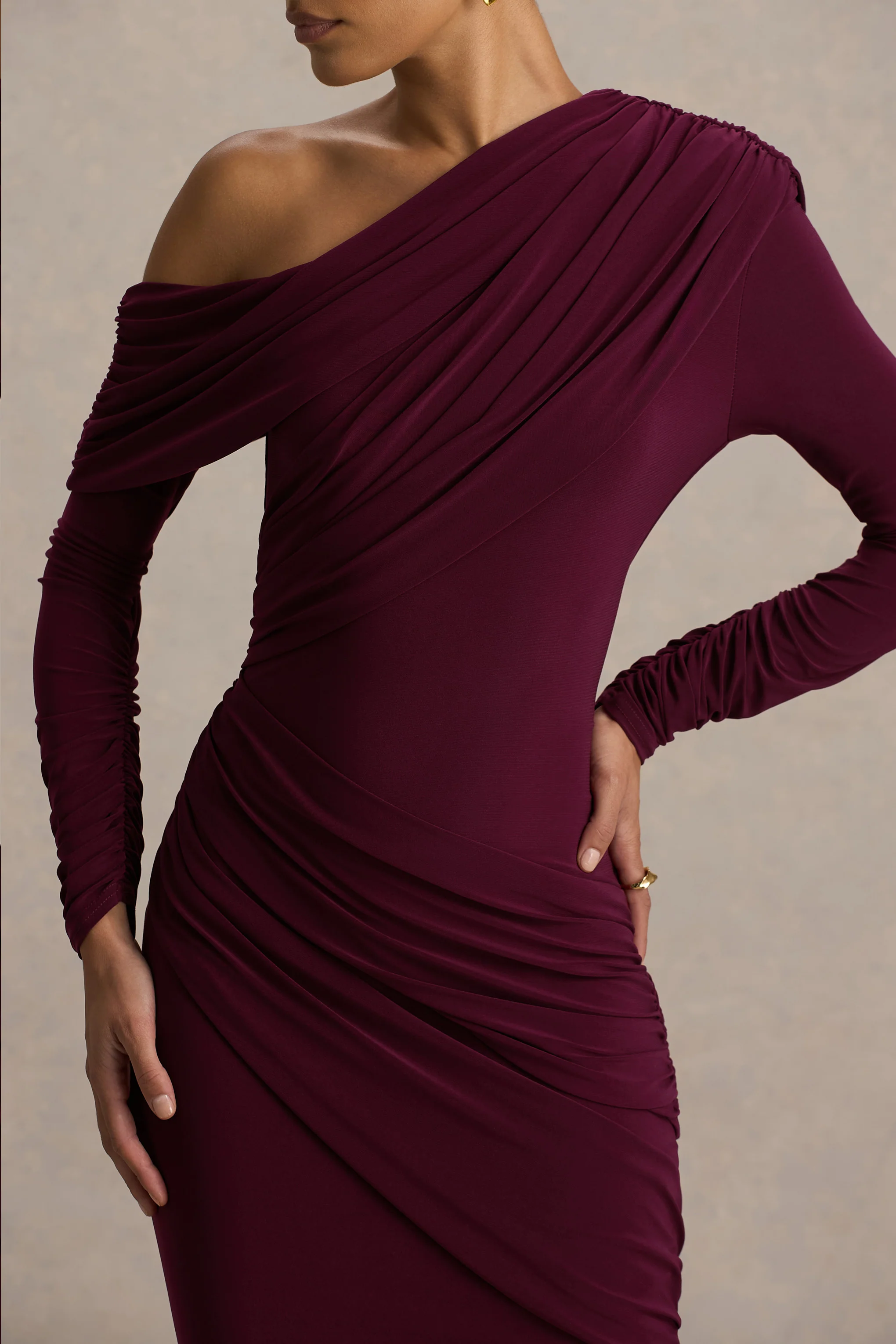 Perrie | Burgundy Asymmetric-Neck Maxi Dress With Ruched Detailing