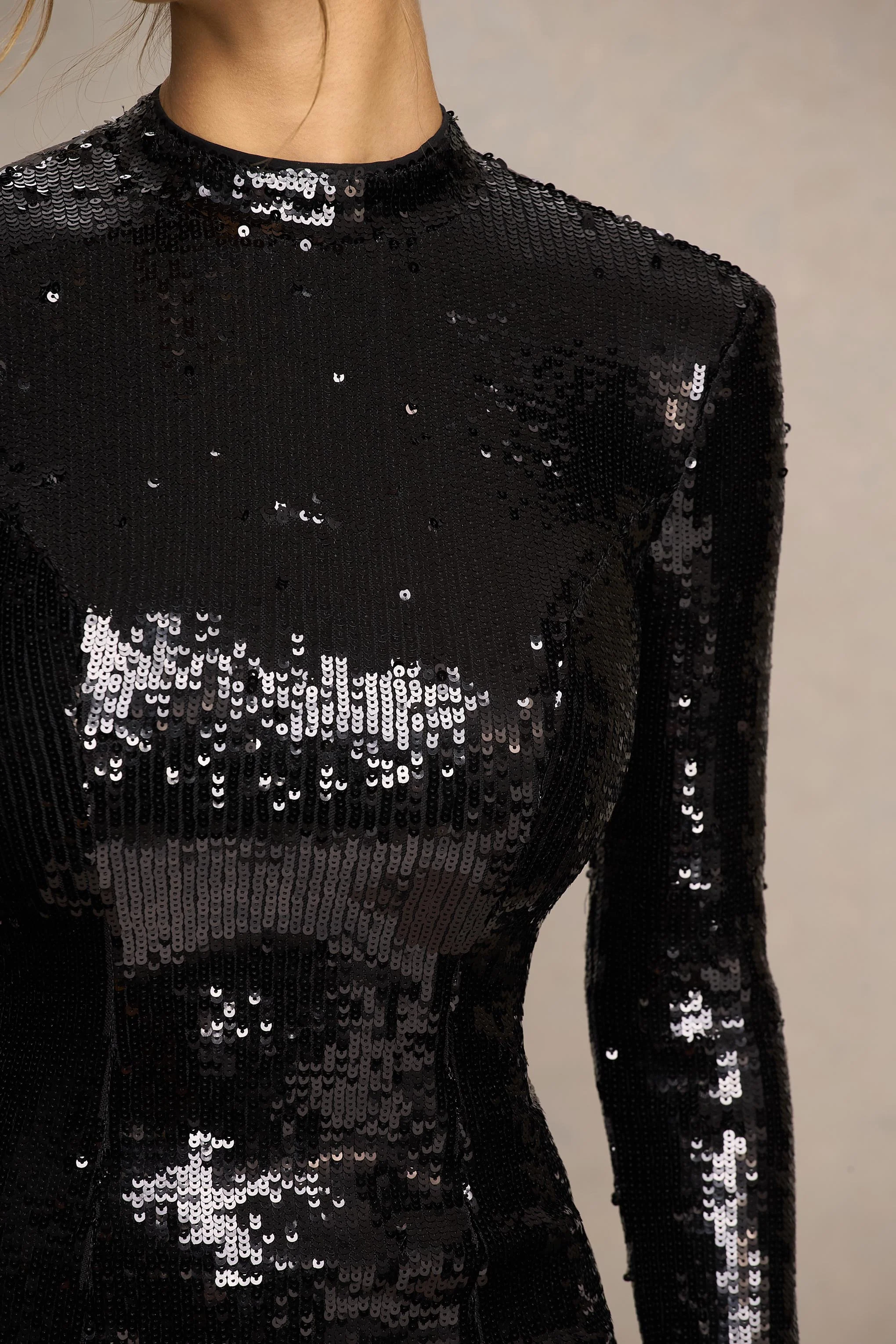 North | Black Sequin High-Neck Mini Dress With Pleats