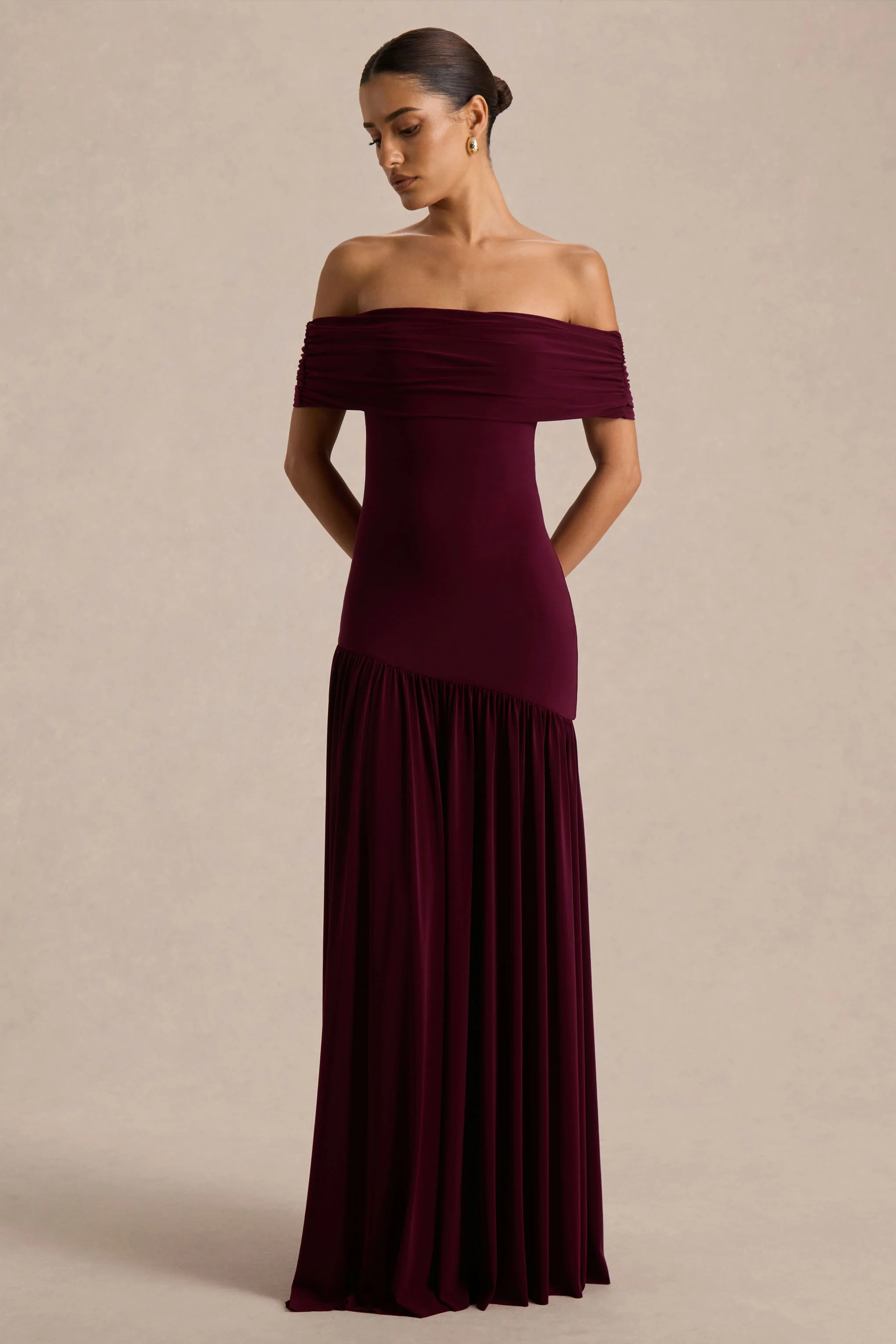 Venezia | Burgundy Bardot Puff-Skirt Maxi Dress