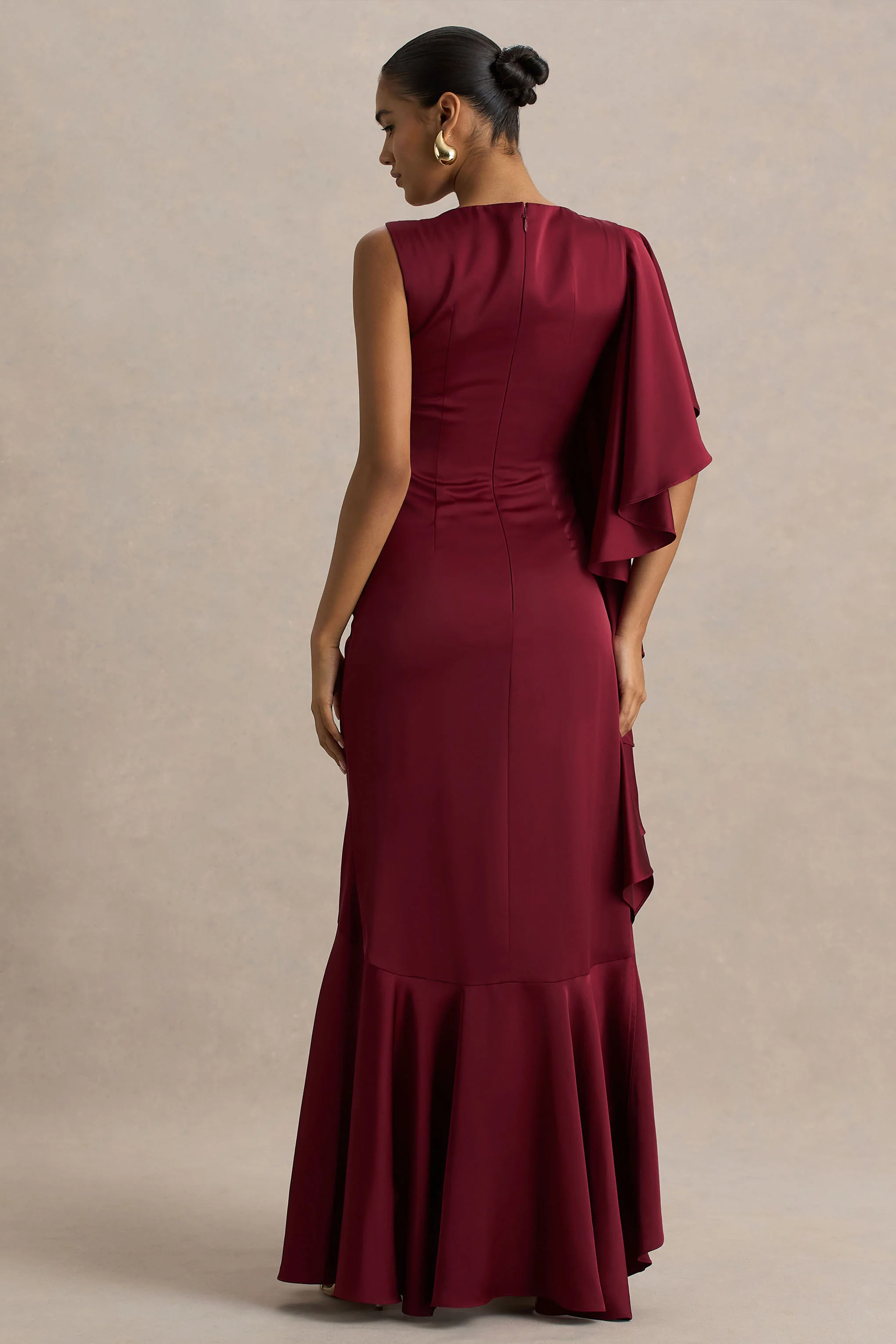 Rosy | Burgundy Satin Boat-Neck Maxi Dress With Front Split And Ruched Detailing