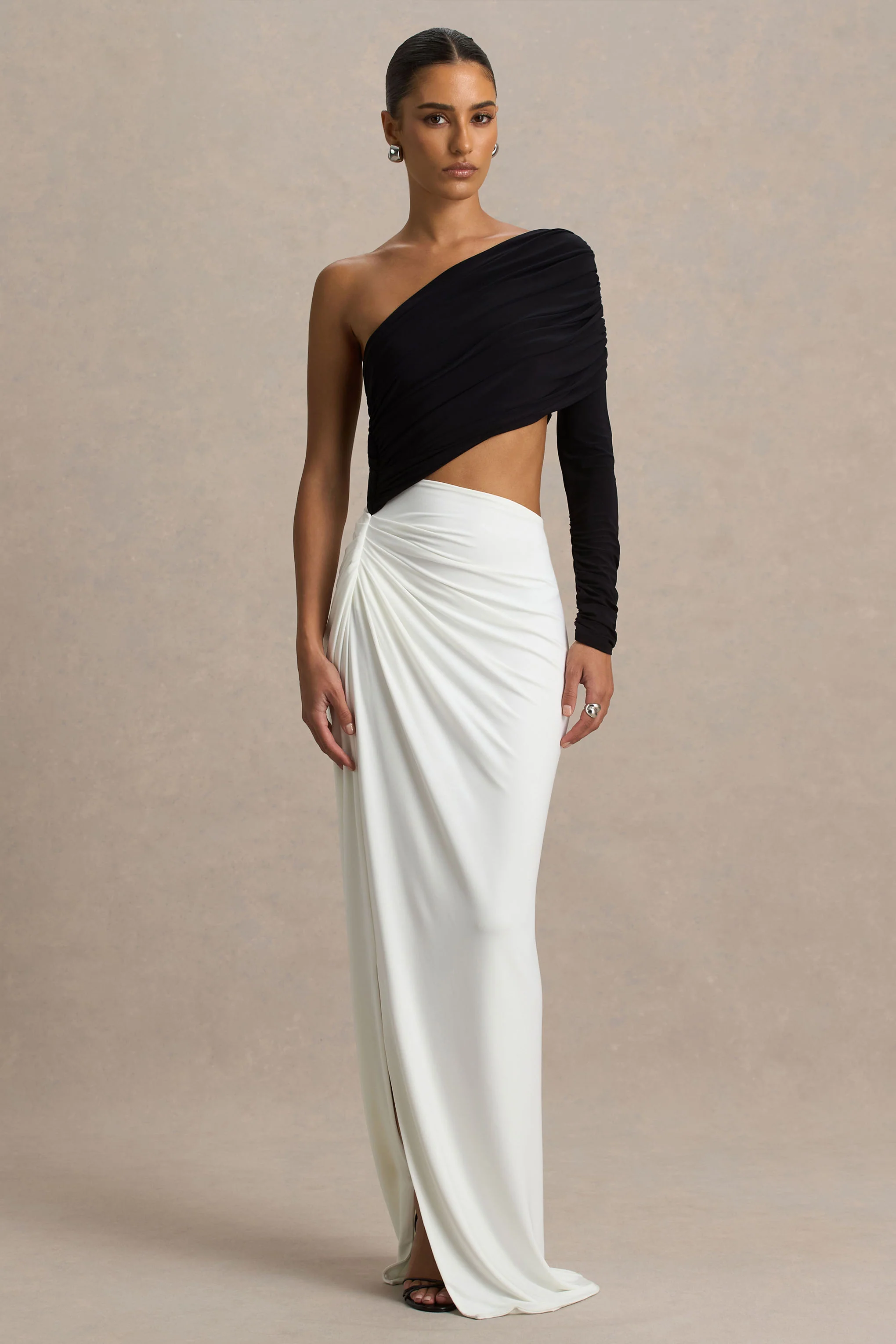 Malika | Black And White Asymmetric-Neck Maxi Dress With Body-Cut Out And Ruched Detailing