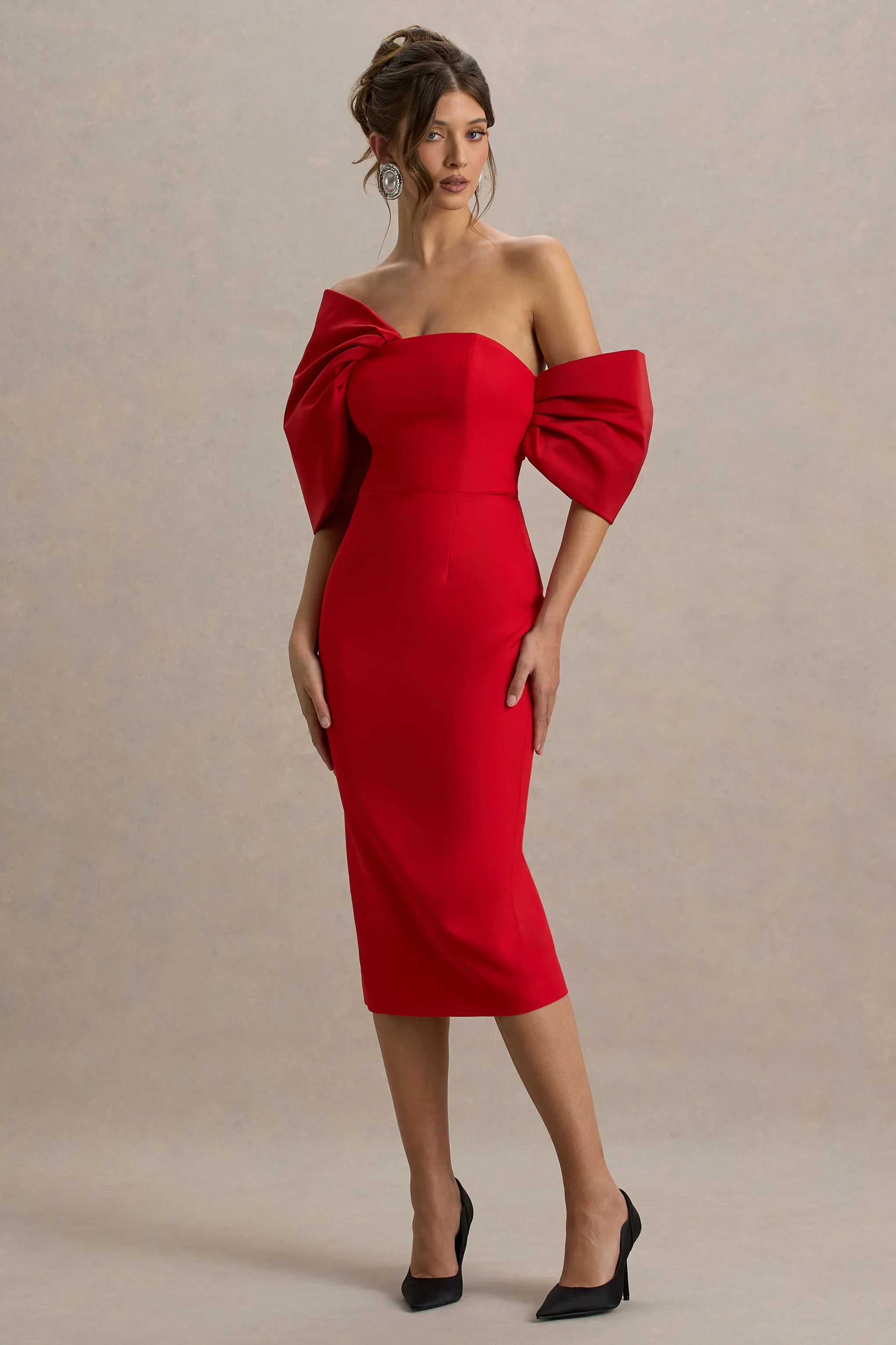 Lucille | Red Asymmetric Bardot Midi Dress