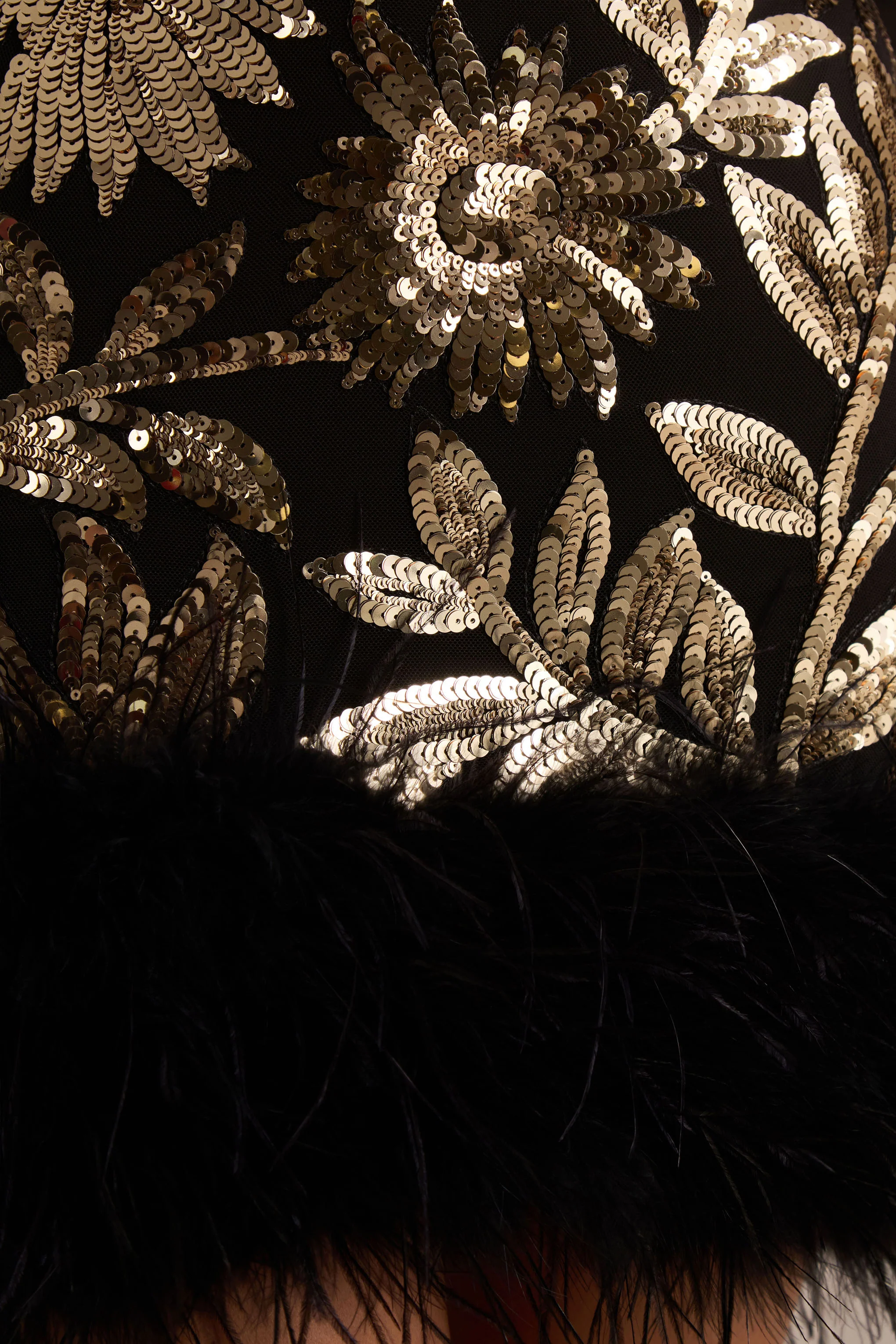 Lara | Black And Gold Sequin Print High-Neck Mini Dress With Feather Trim