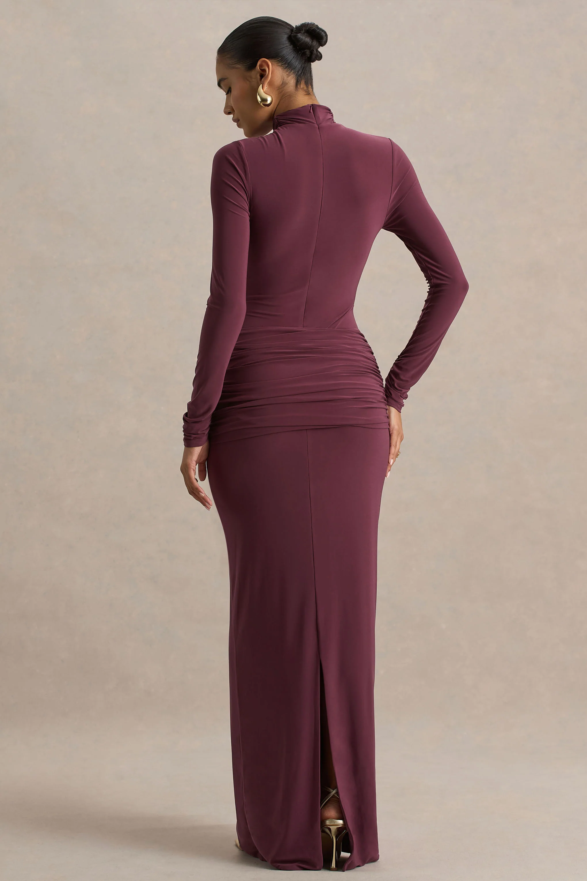 Myra | Burgundy High-Neck Maxi Dress With Sash and Ruched Detailing