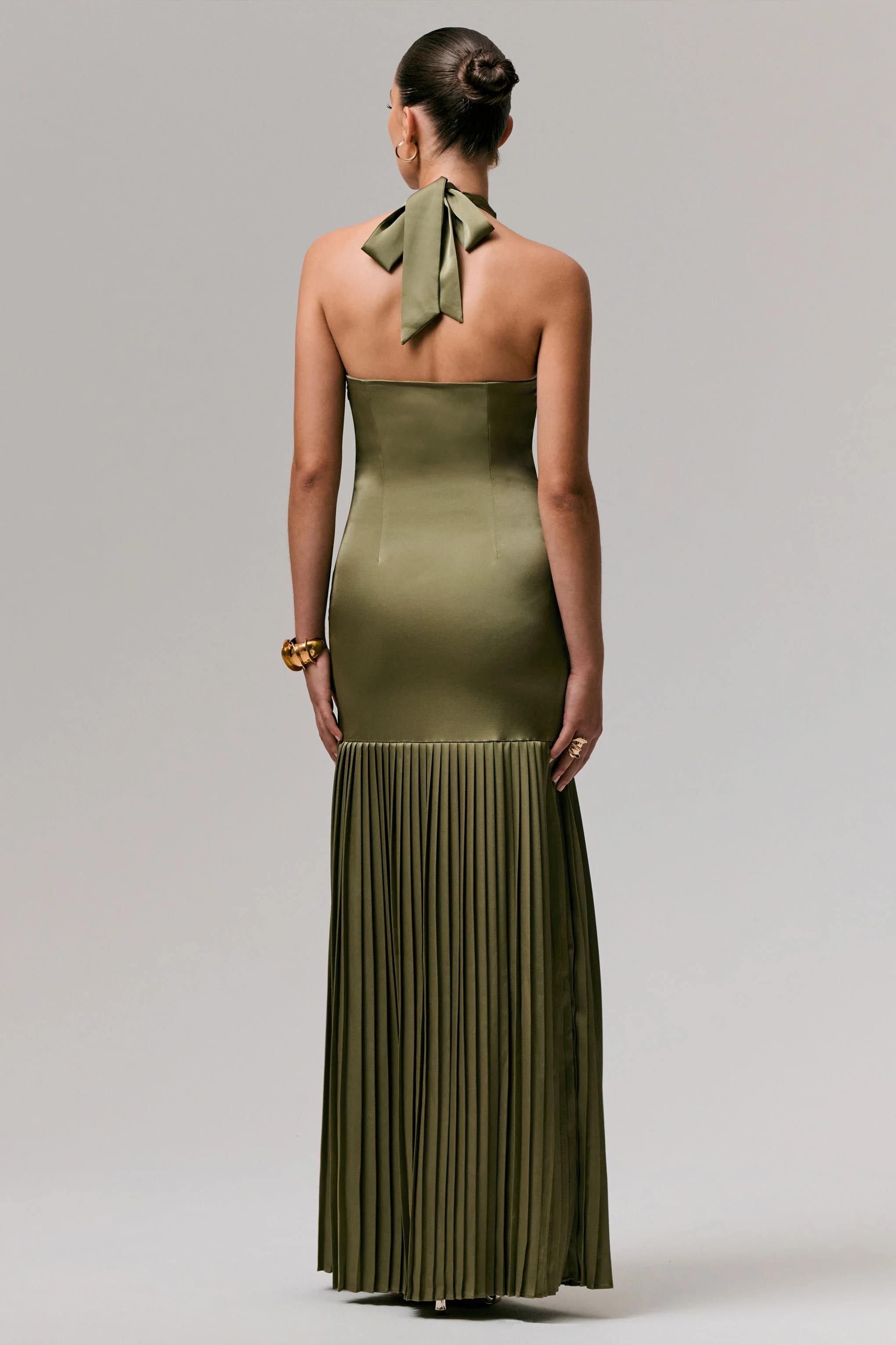 Sansa | Khaki Satin Cross Halter-Neck Plisse Maxi Dress