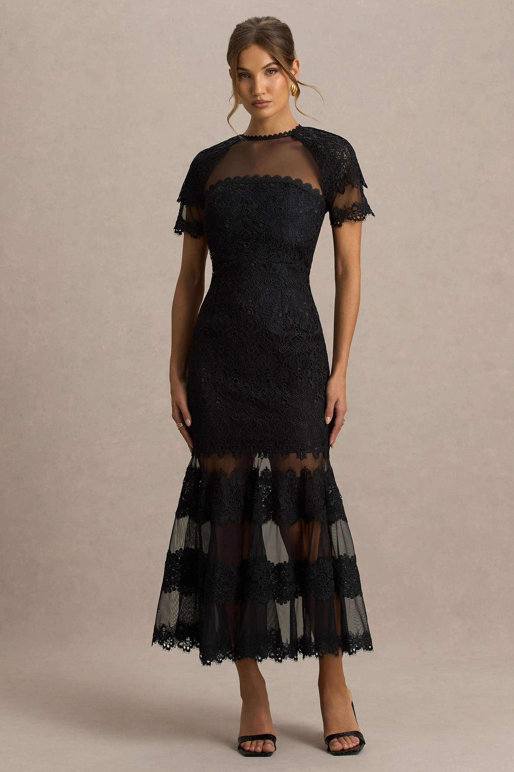 Leanne | Black Mesh And Lace Crew-Neck Fishtail Midi Dress