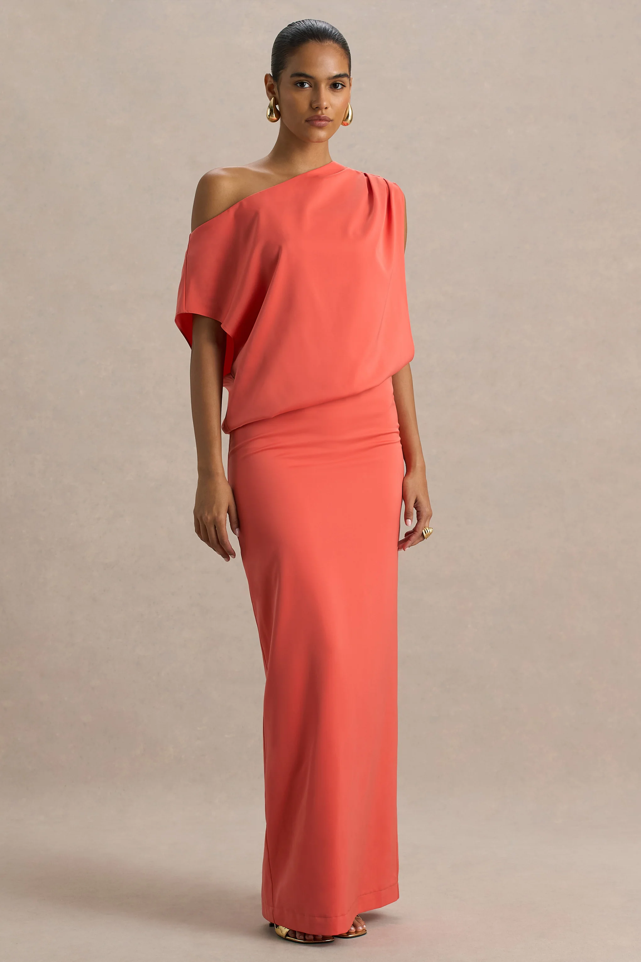 Ronnie | Coral Satin Asymmetric-Neck Maxi Dress With Draping Detail