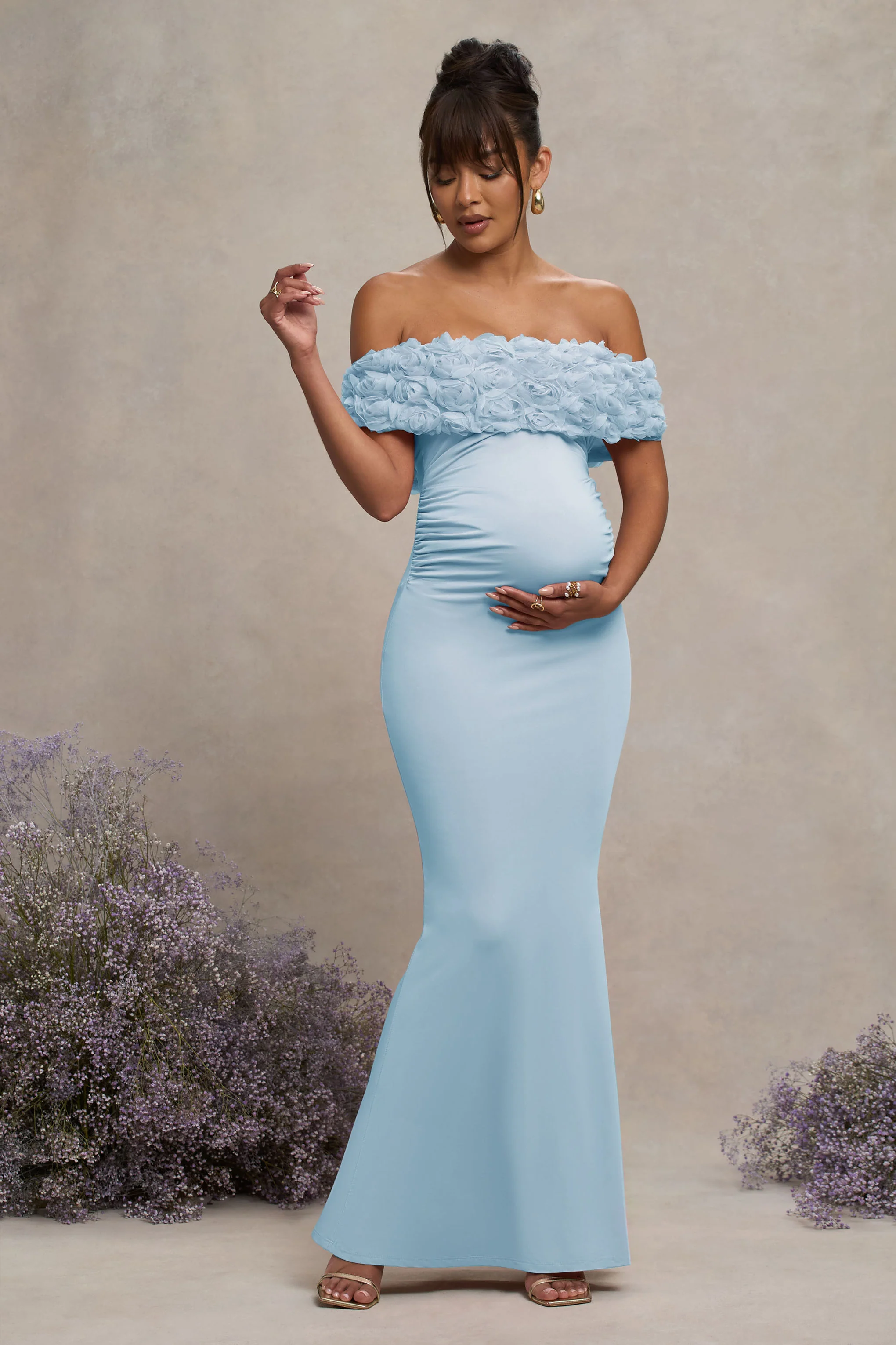 Inflorescence | Powder Blue Mesh Floral Bardot Maternity Maxi Dress