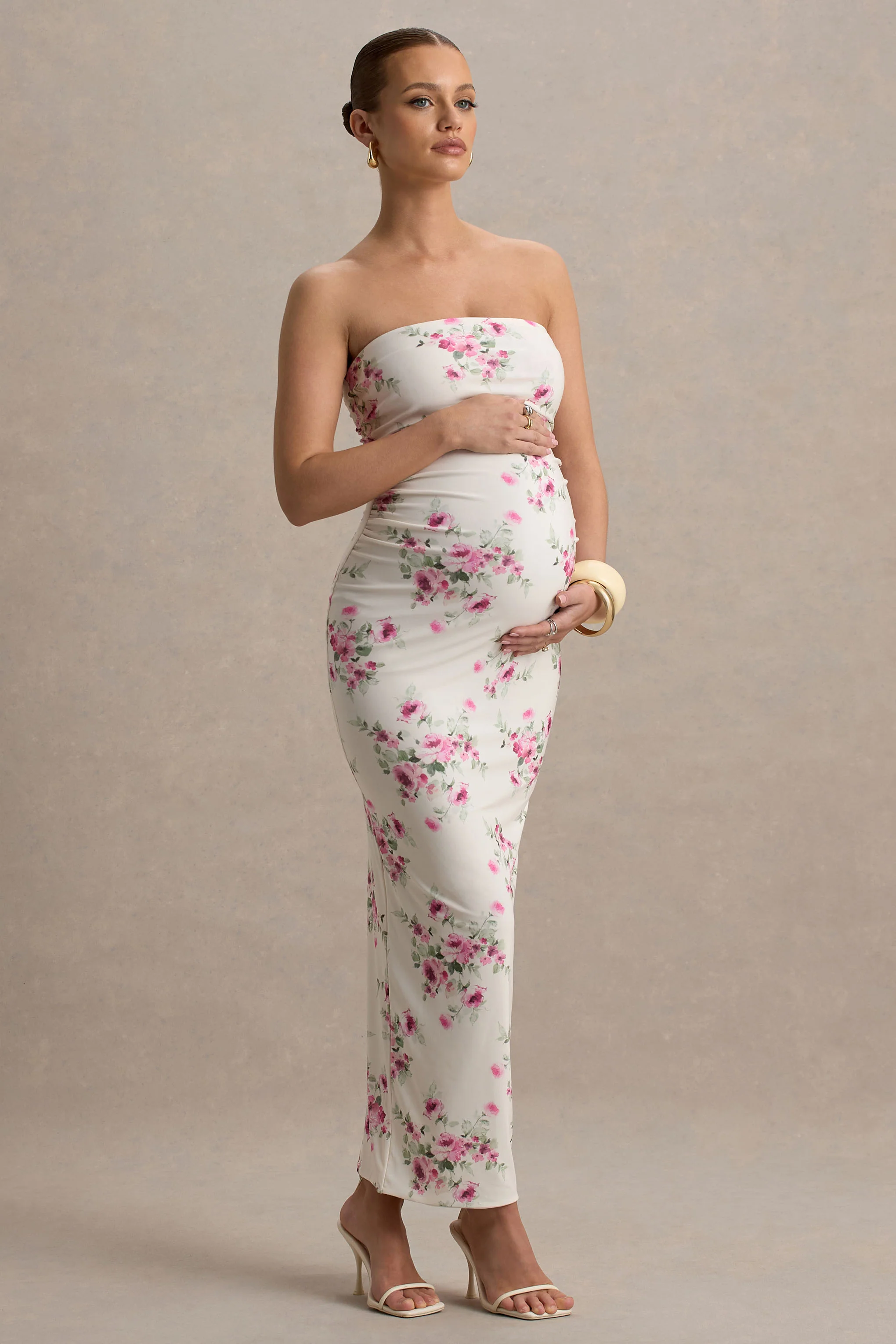 Juniper | Cream Floral Strapless Maternity Maxi Dress