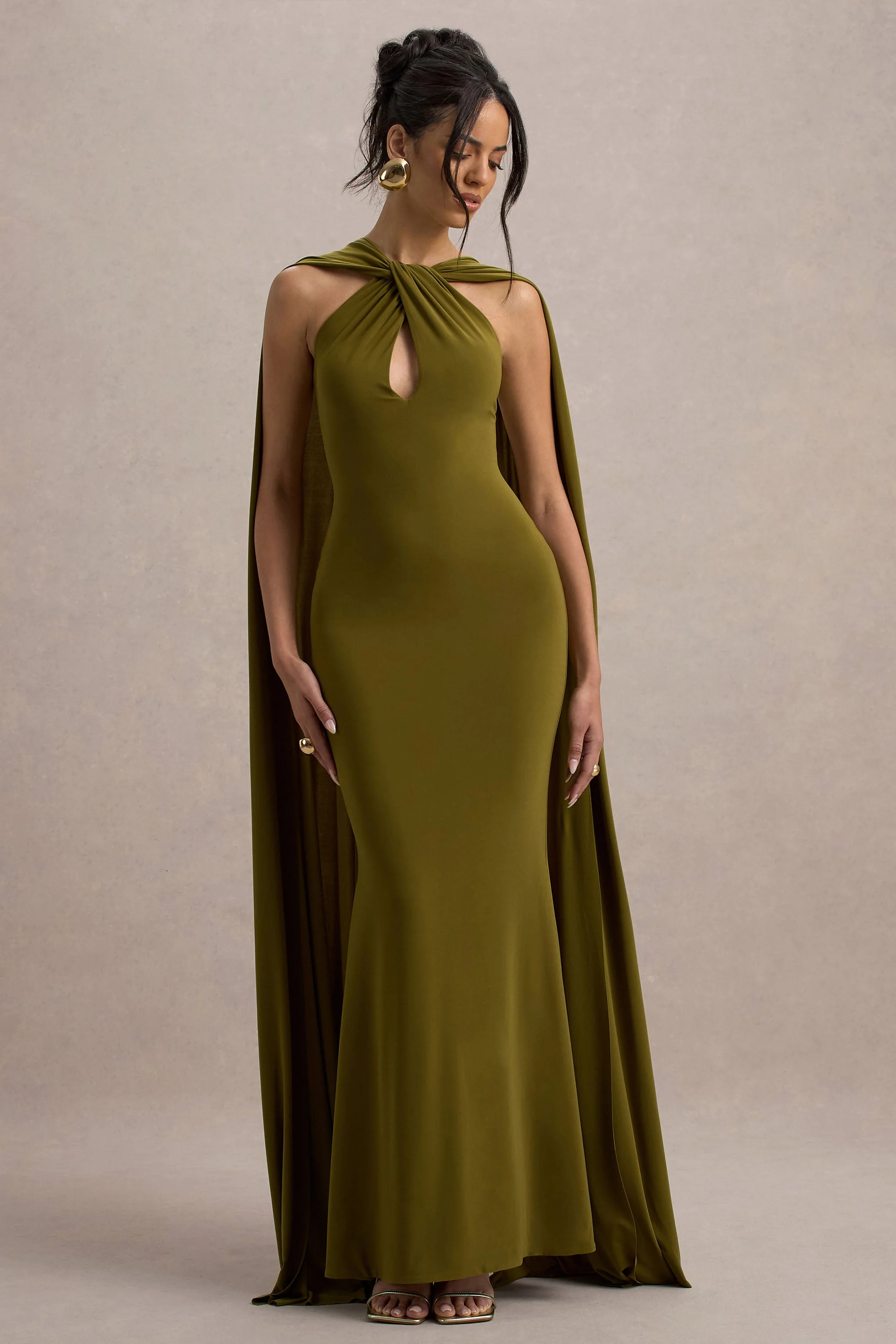 Rhoda | Green Twist Halter-Neck Cape Maxi Dress
