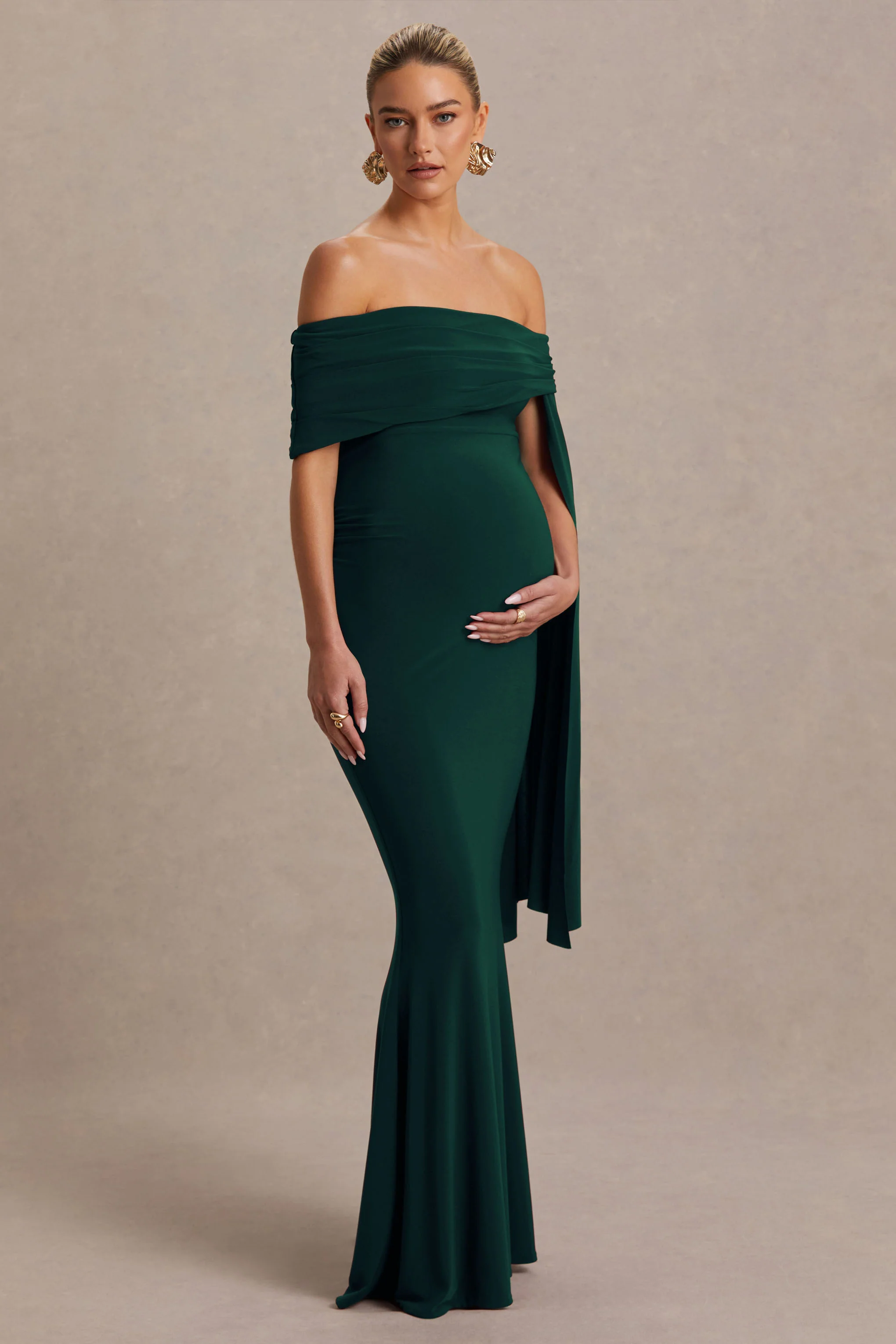Aquila | Bottle Green Bardot Maternity Maxi Dress With Drape Sleeve