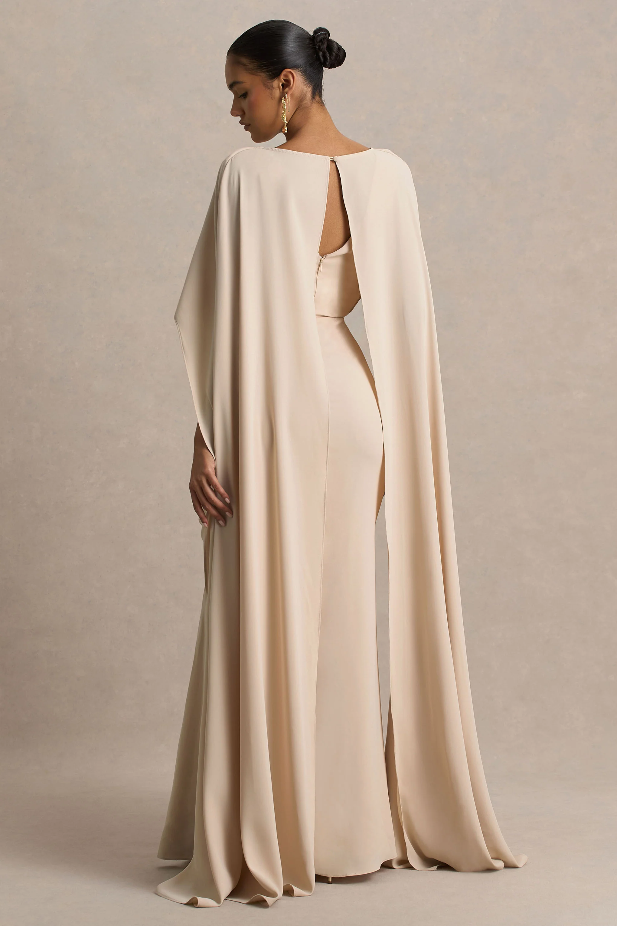 Pristina | Sand Boat-Neck Woven Maxi Dress With Cape Detail