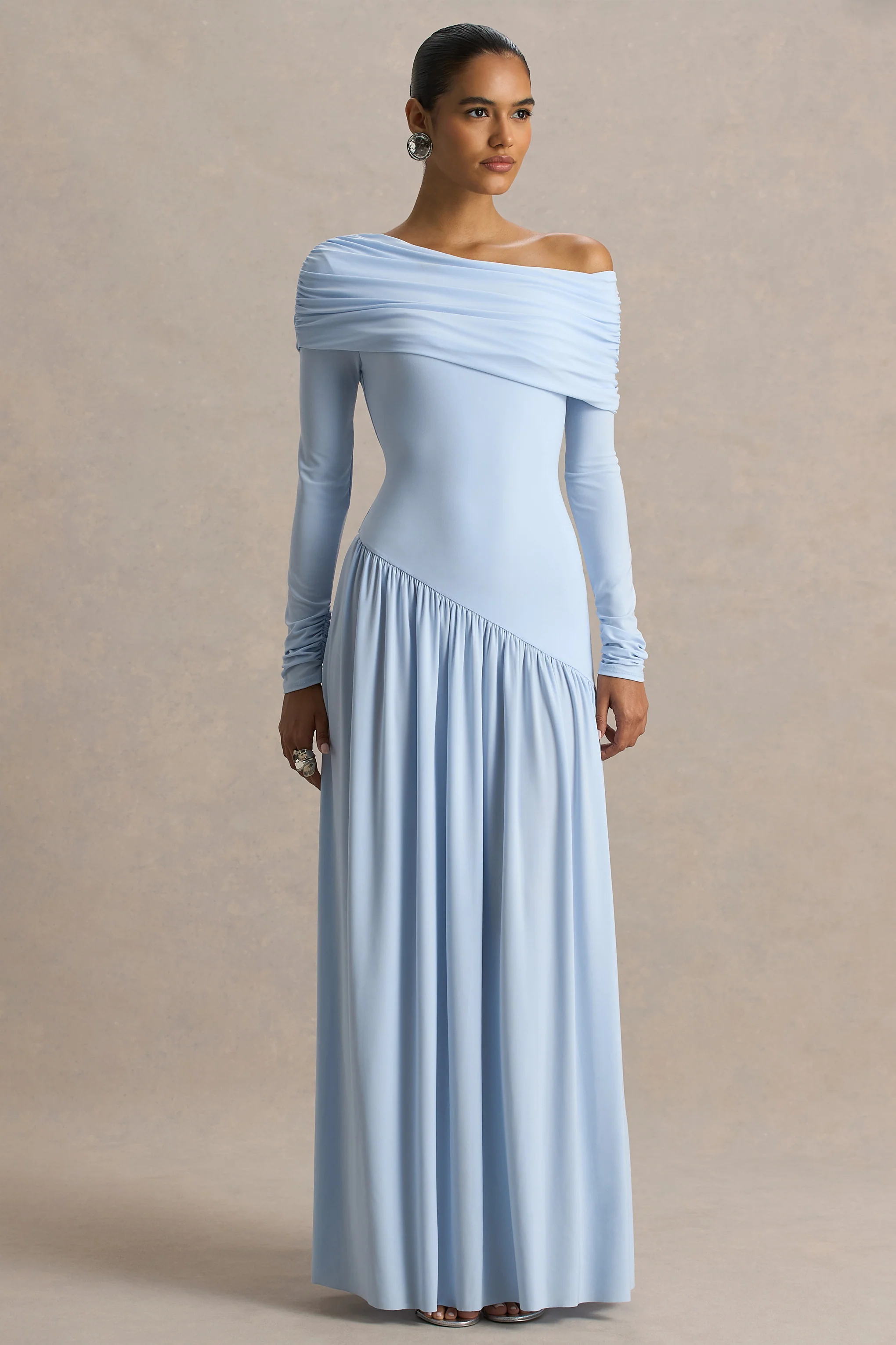 Farah | Powder Blue High-Neck Maxi Dress With Drop Waist And Ruched Detailing