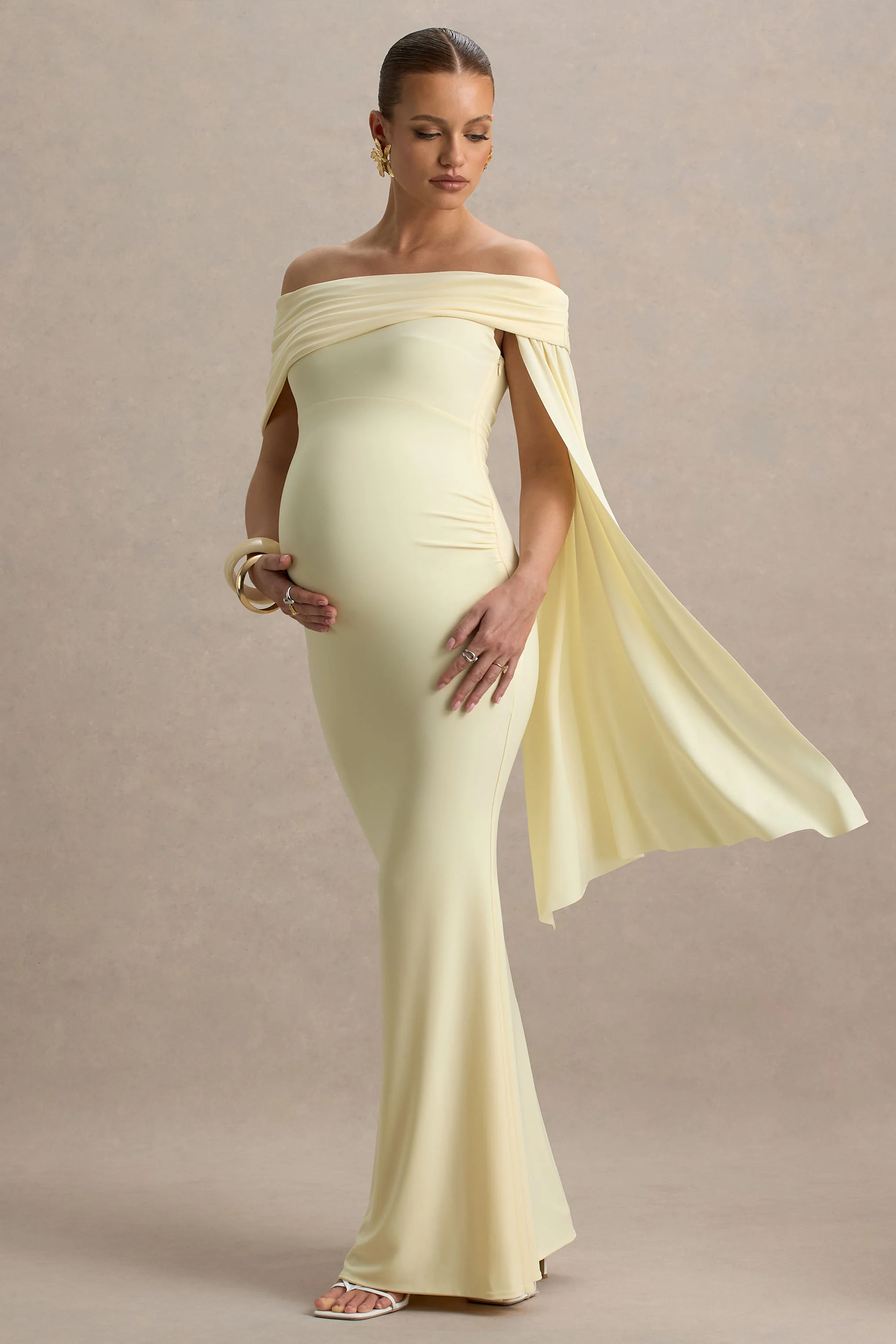 Aquila | Lemon Bardot Maternity Maxi Dress With Drape Sleeve