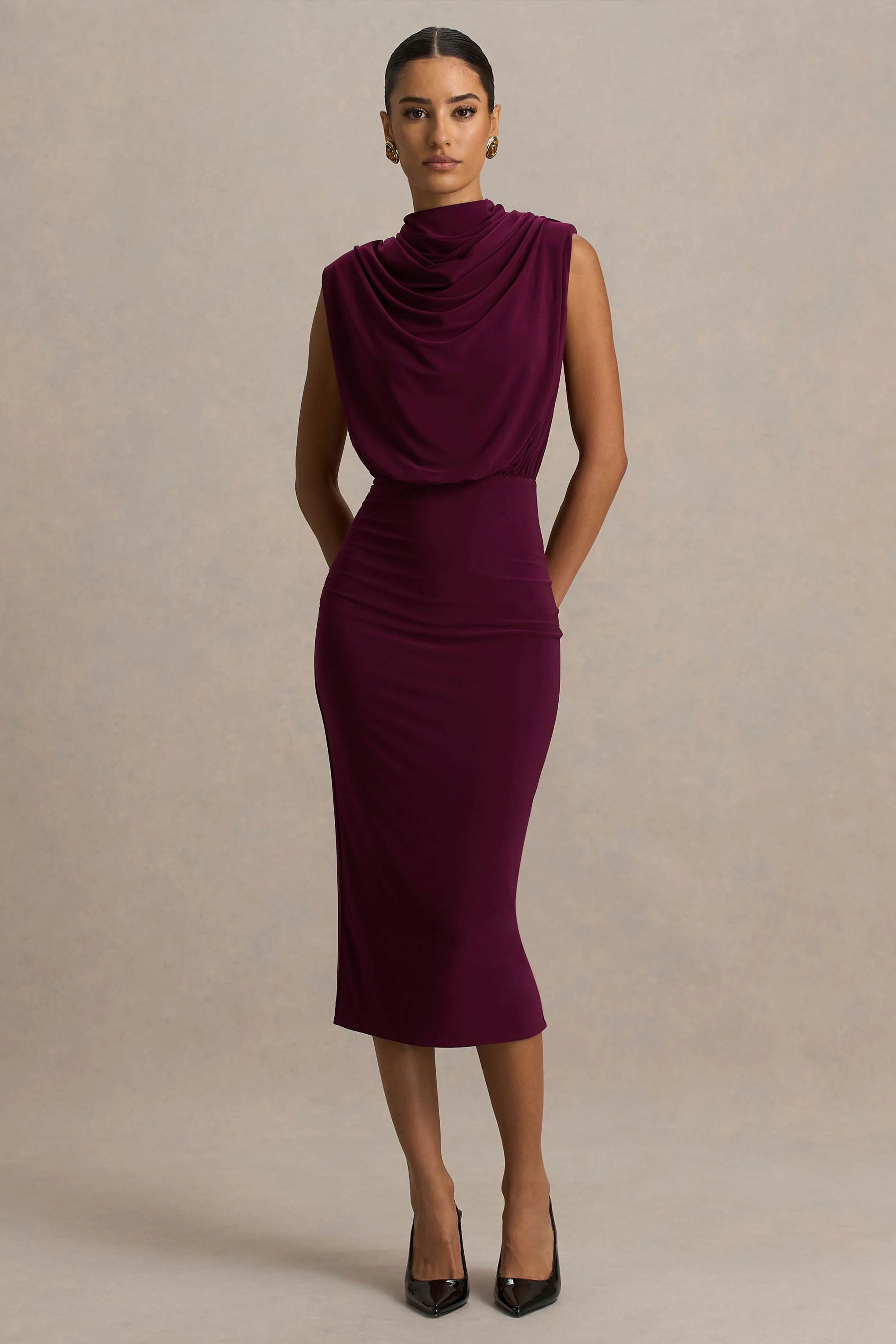 Hermia | Burgundy High-Neck Midi Dress