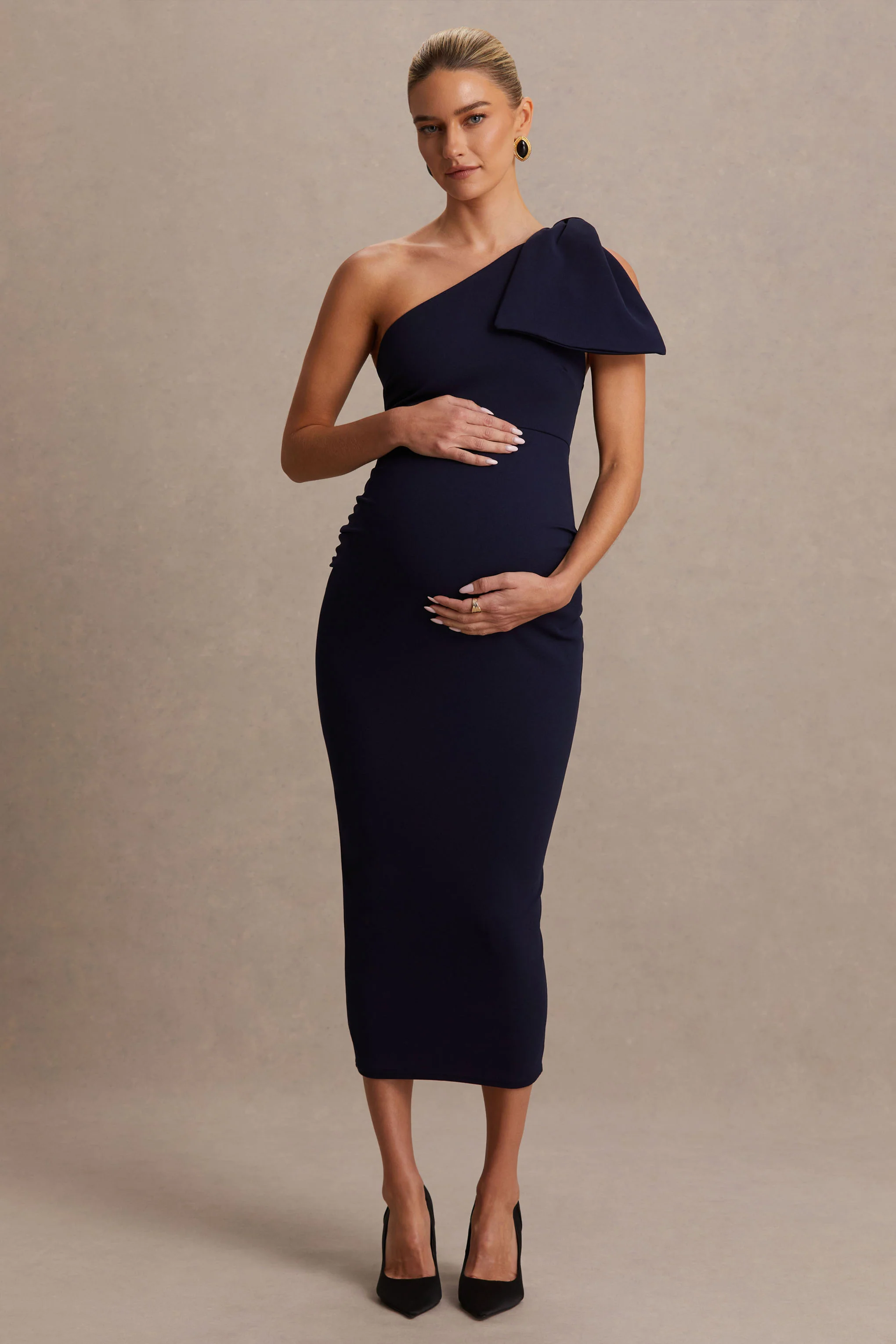 Adorn | Navy Asymmetric Maternity Midi Dress With Shoulder Bow Detail