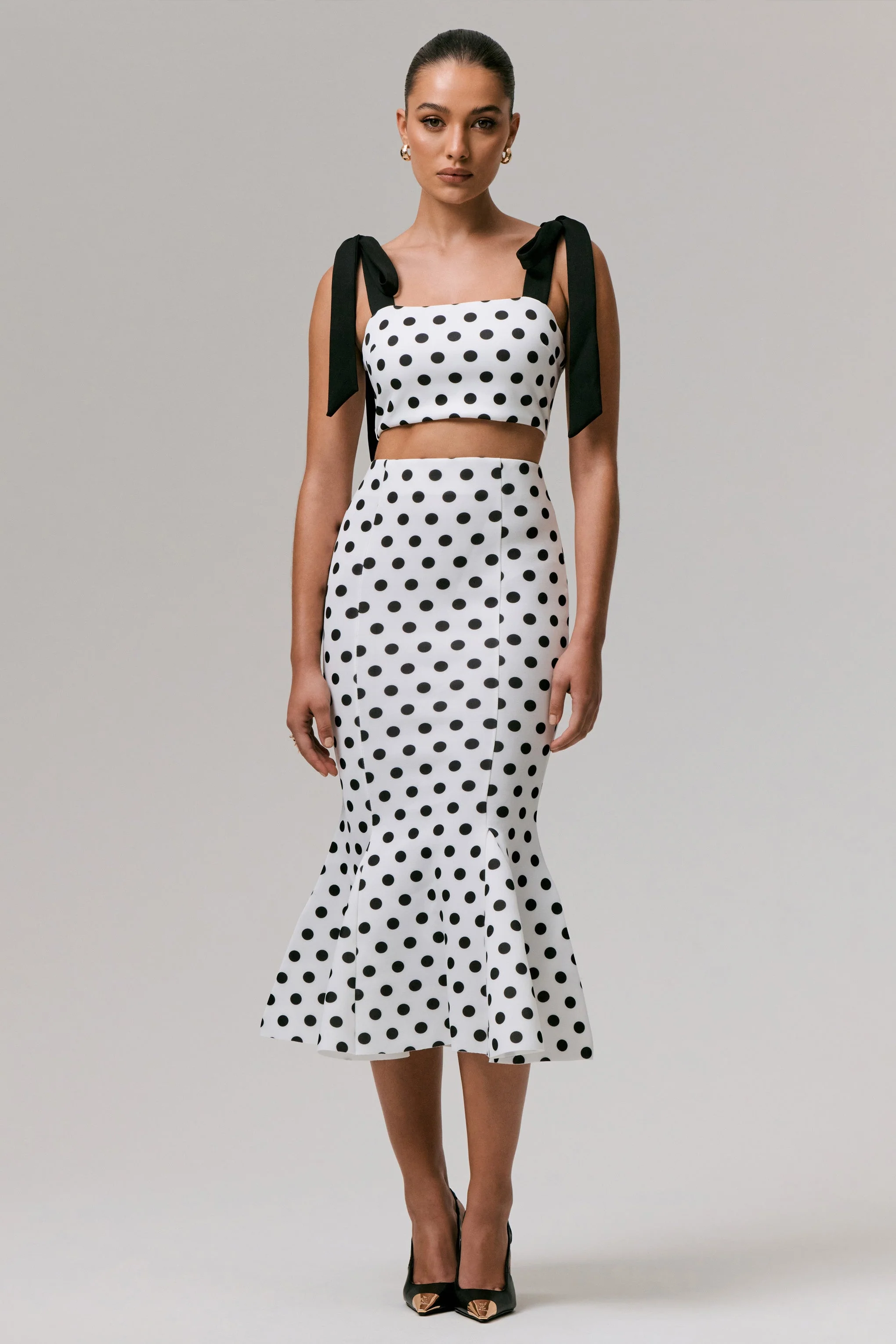 Amadea | Black & White Polka Dot Fishtail Midi Skirt
